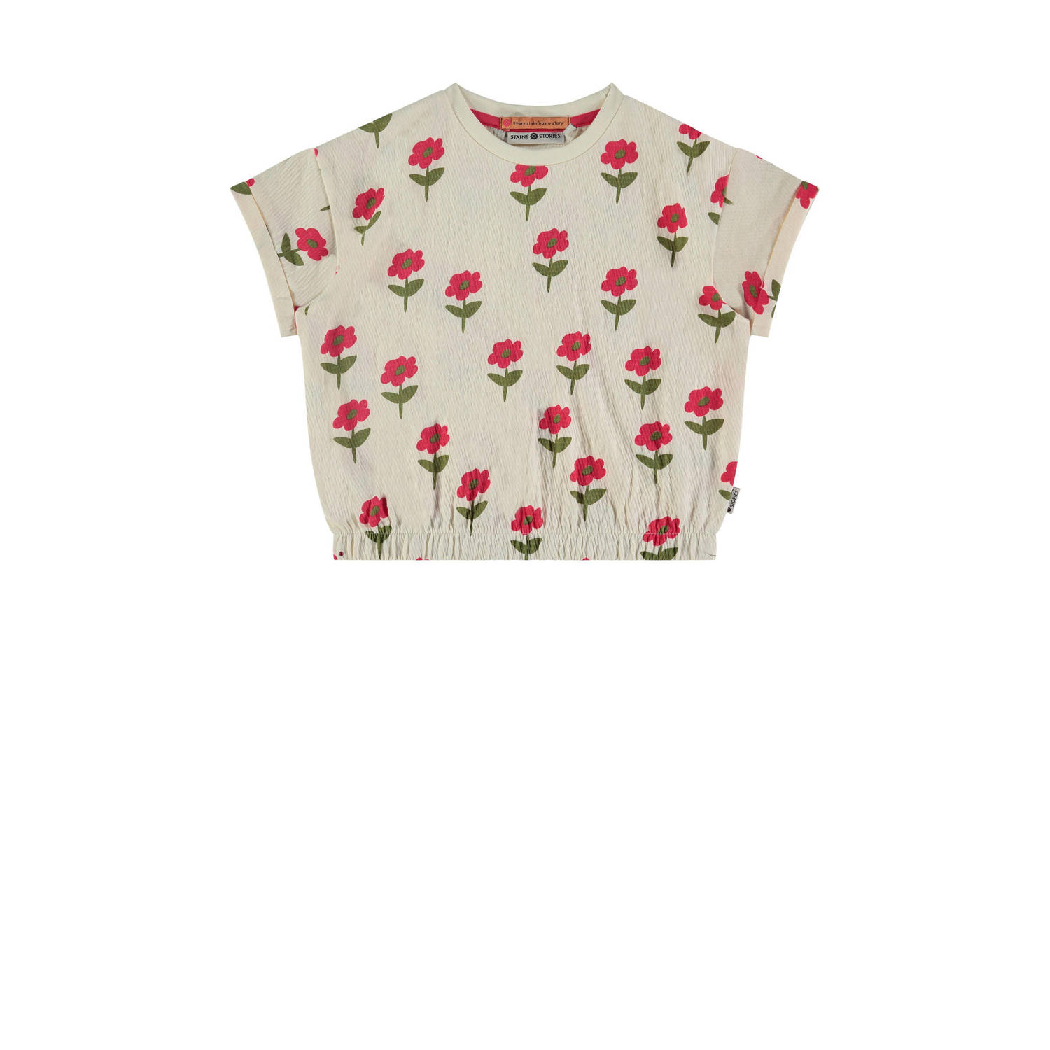 Stains&Stories T-shirt met all over print ecru Meisjes Stretchkatoen Ronde hals 134
