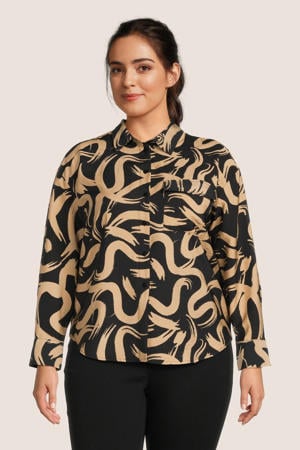 blouse PCMERITA met all over print zwart/ bruin