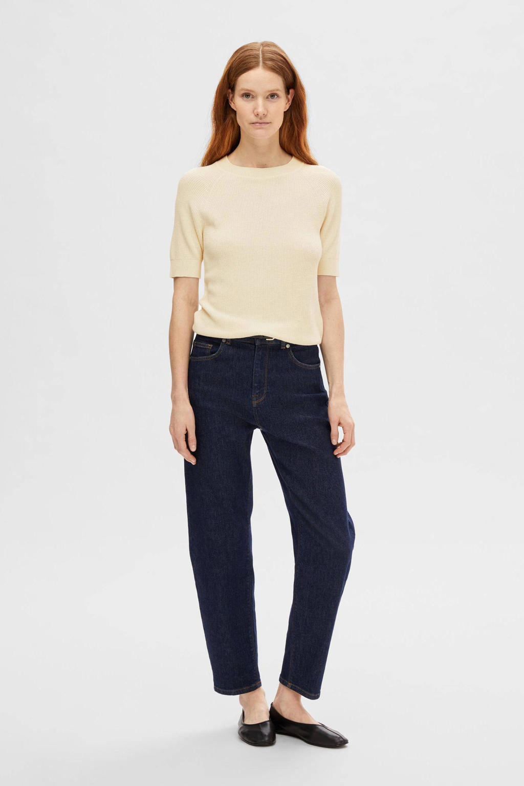 Lichtgele dames SELECTED FEMME gebreide top van viscose met effen, korte mouwen en ronde hals