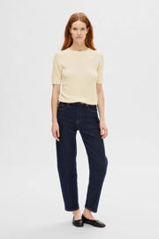 thumbnail: Lichtgele dames SELECTED FEMME gebreide top van viscose met effen, korte mouwen en ronde hals