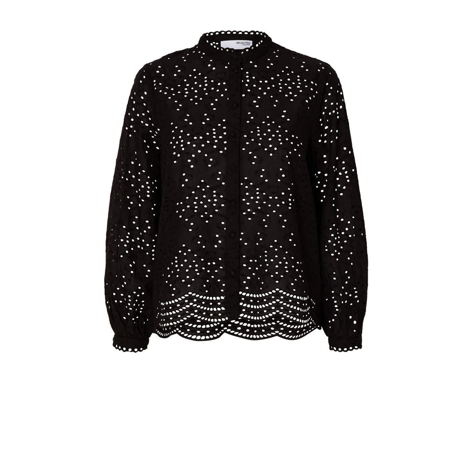 Selected Femme Geborduurde Katoenen Blouse met Geschulpte Kraag Black Dames