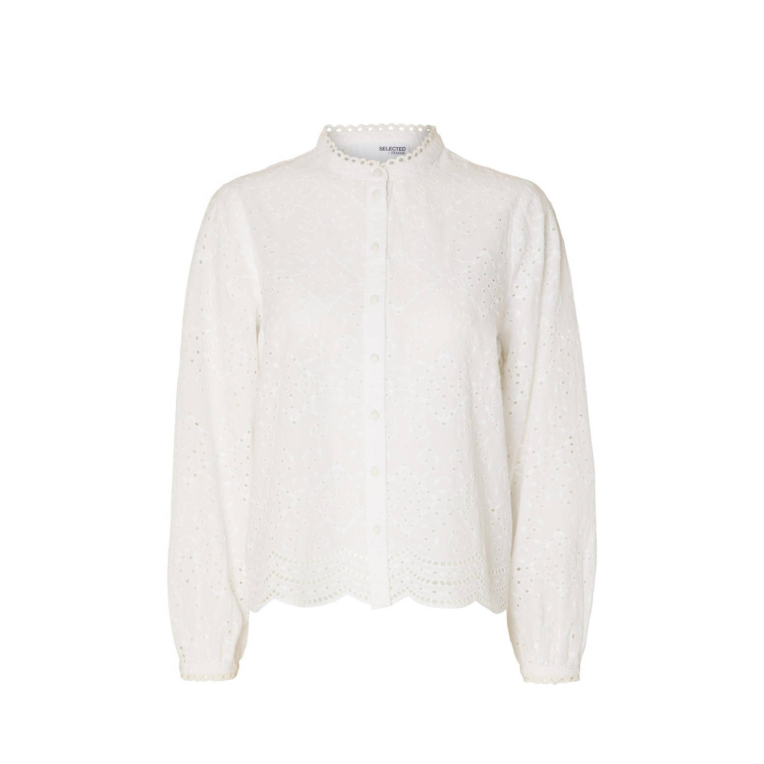 Selected Femme Geborduurde Katoenen Blouse met Geribbelde Kraag White Dames