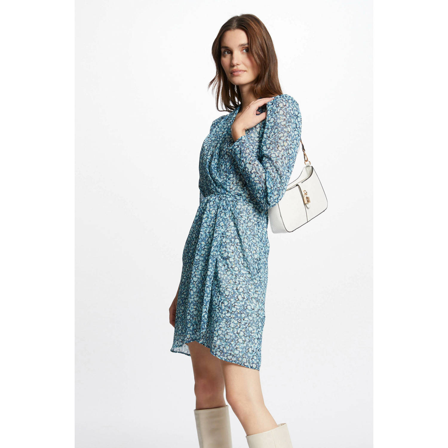 Morgan semi-transparante jurk met all over print lichtblauw donkerblauw geel