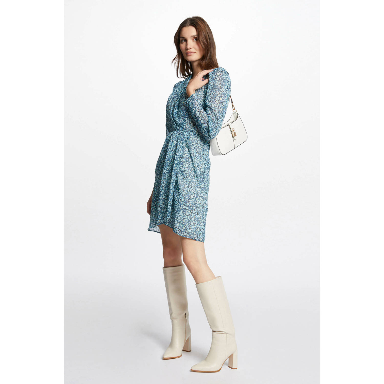 Morgan semi-transparante jurk met all over print lichtblauw donkerblauw geel