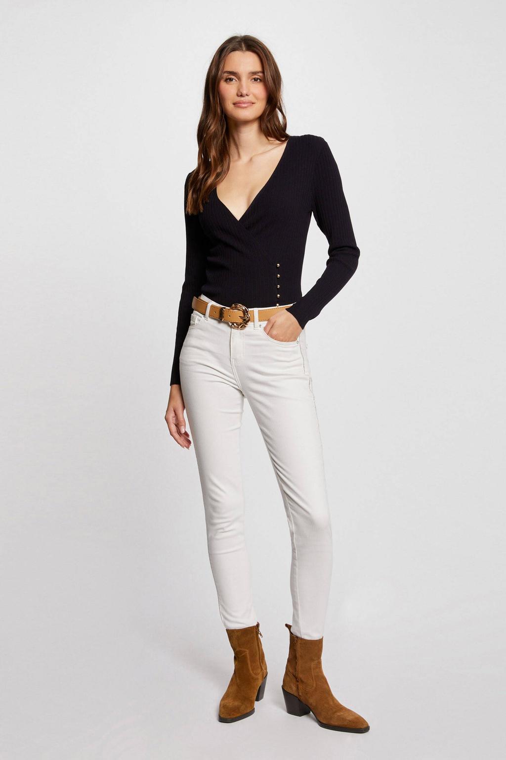 Marineblauw dames Morgan fijngebreide top blauw van viscose met effen, lange mouwen en overslagkraag