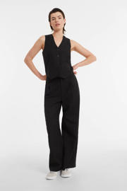 thumbnail: Zwarte dames Ruby linnen wide leg broek met high waist, rits- en knoopsluiting en effen