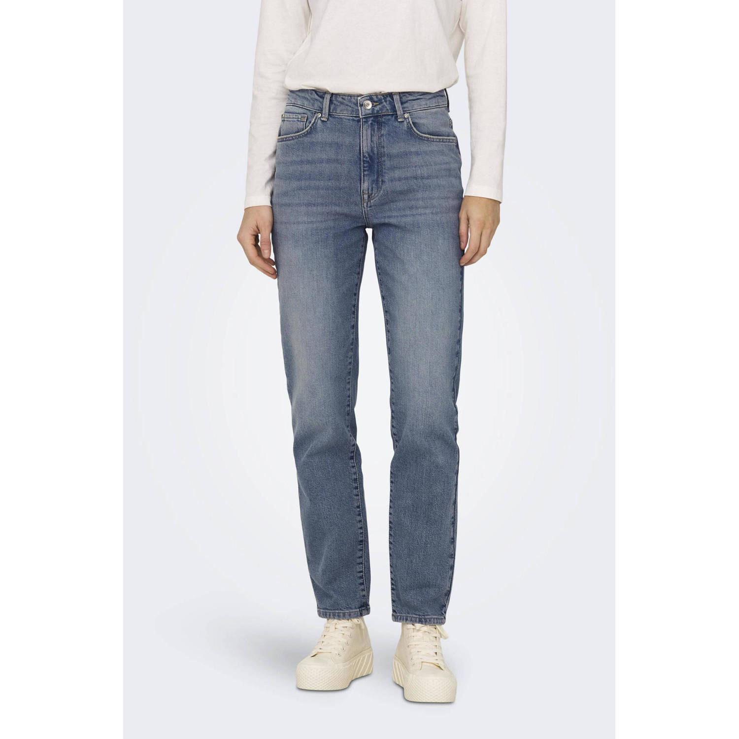 ONLY cropped high waist straight leg jeans ONLEMILY medium blue denim