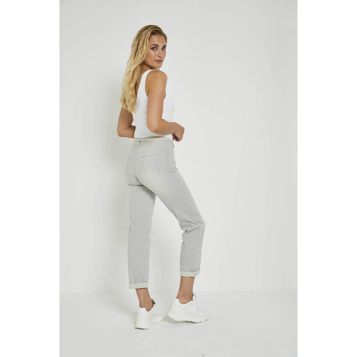 Para Mi gestreepte high waist loose fit broek Bobby lichtgrijs wit
