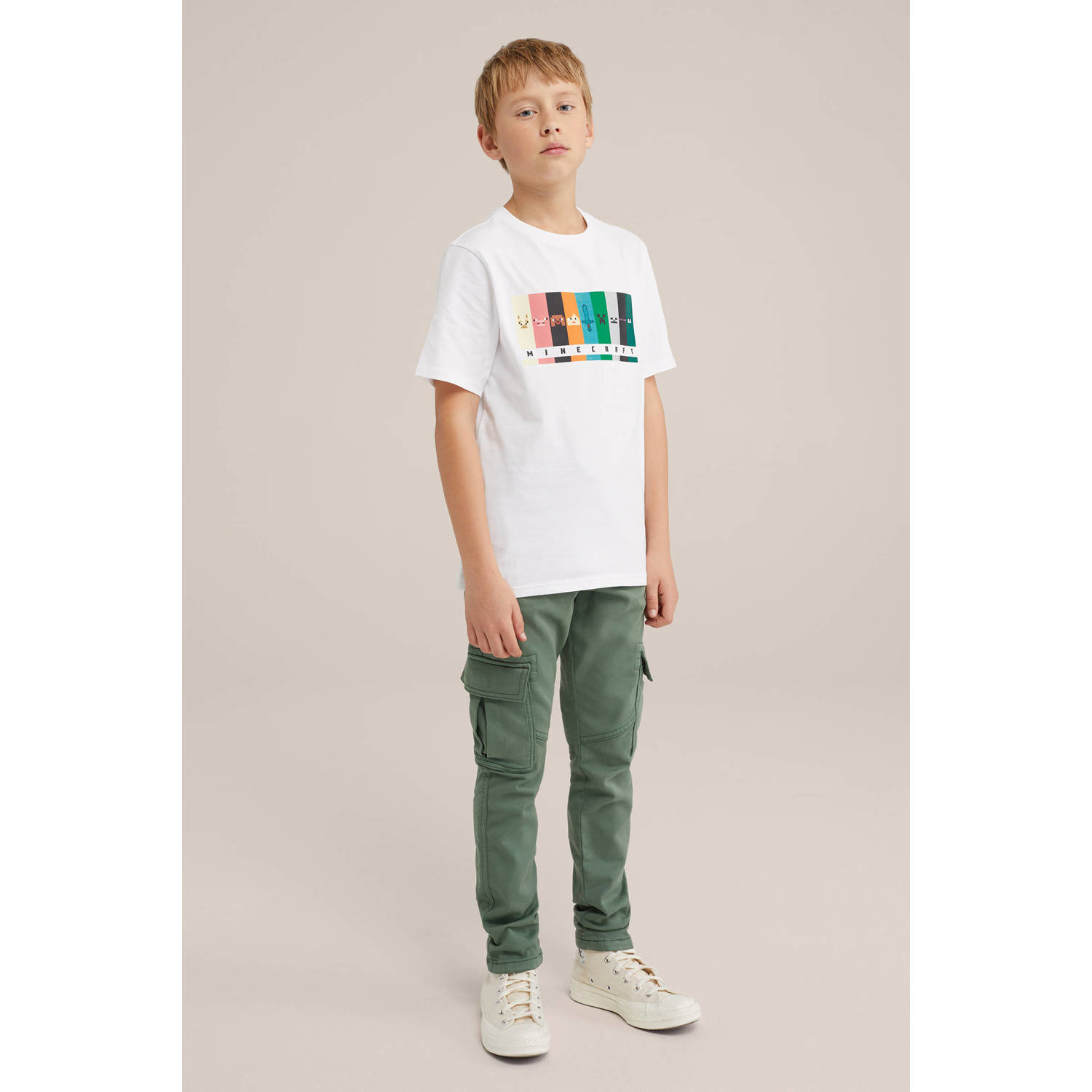 WE Fashion Blue Ridge geruite slim fit cargobroek olijf groen