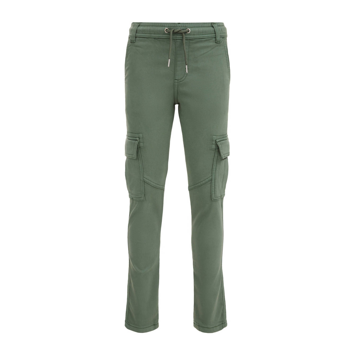 WE Fashion geruite slim fit cargobroek olijf groen Jongens Stretchkatoen 104