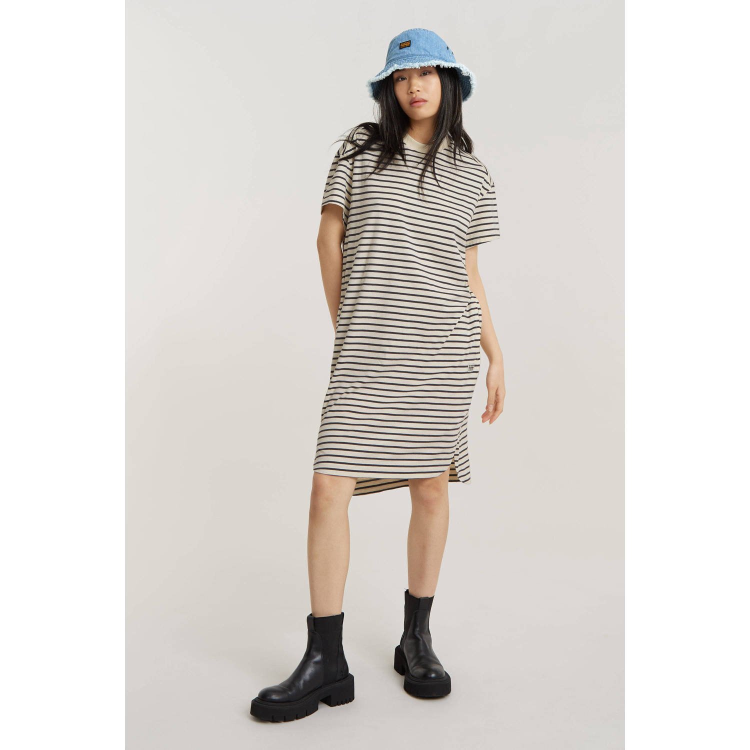 G-STAR gestreepte jurk donkerblauw crème