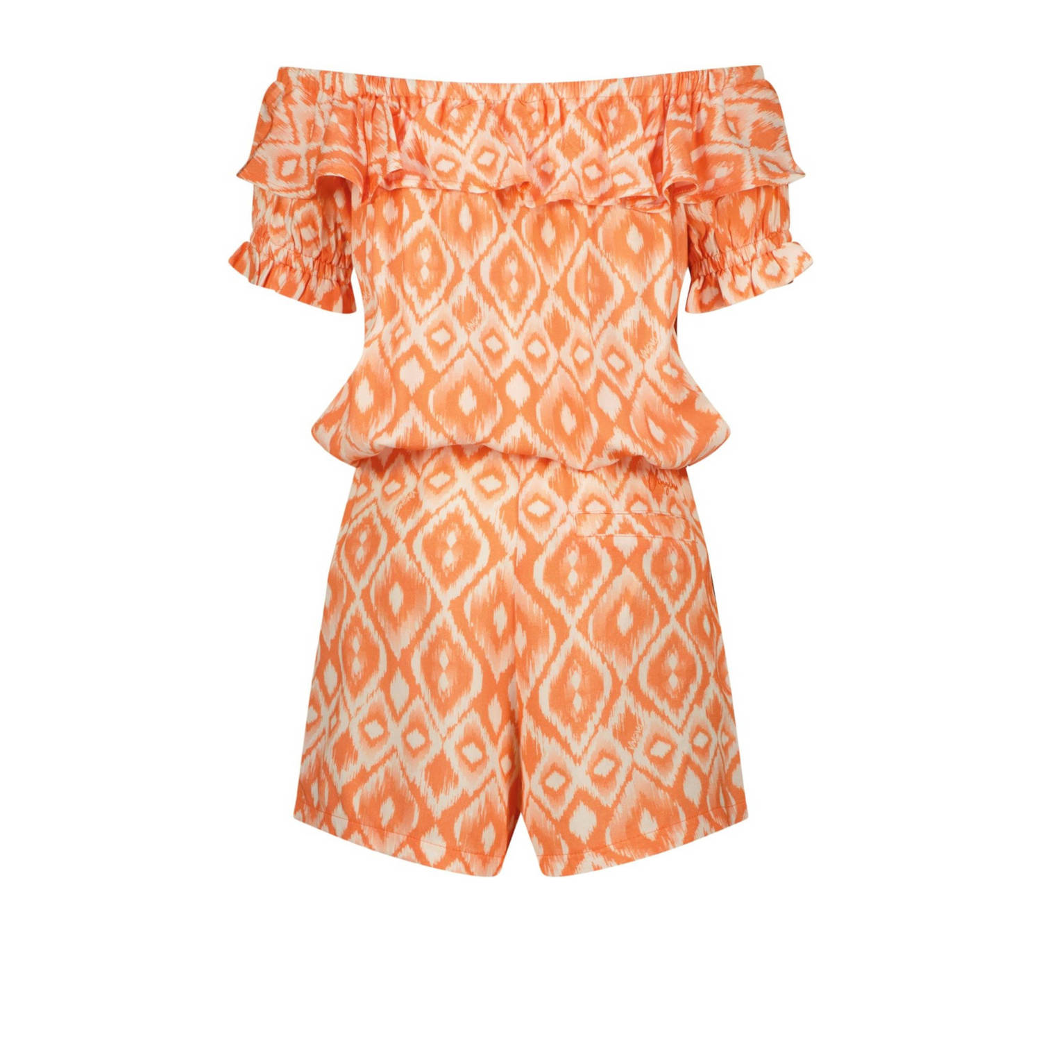 Vingino off shoulder playsuit Phelena met all over print licht neonoranje wit