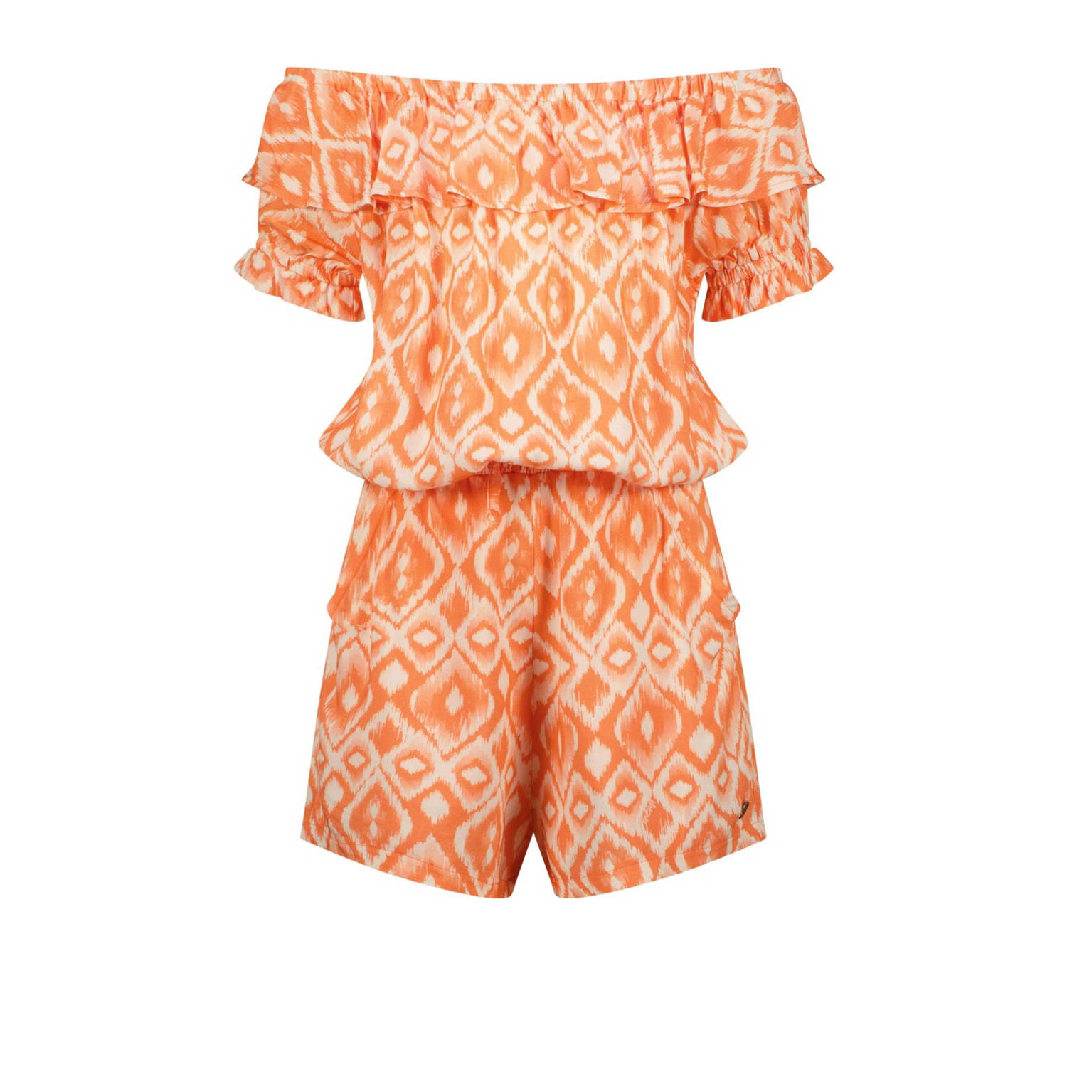 VINGINO off shoulder playsuit Phelena met all over print licht neonoranje wit 140