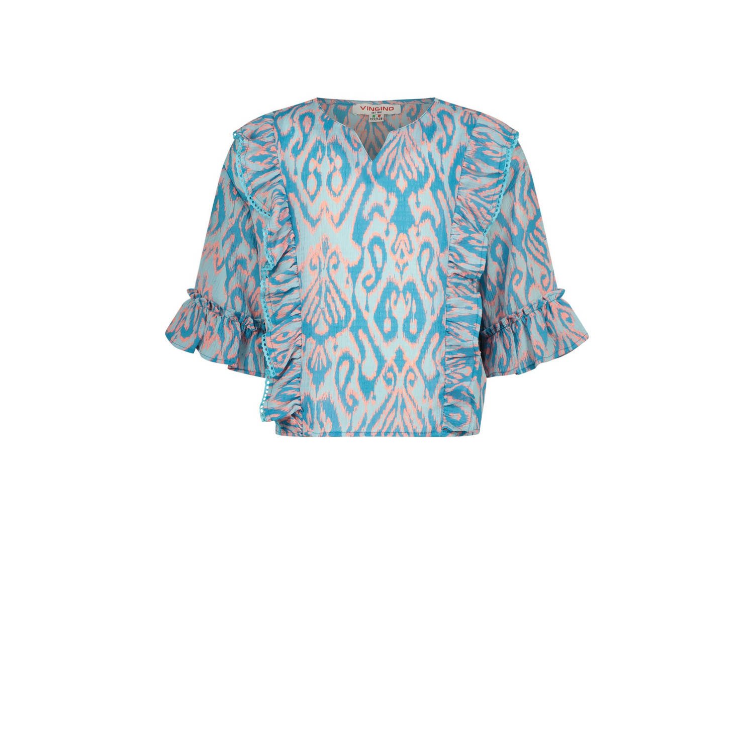 VINGINO T-shirt met all over print en ruches lichtblauw roze Meisjes Polyester V-hals 128