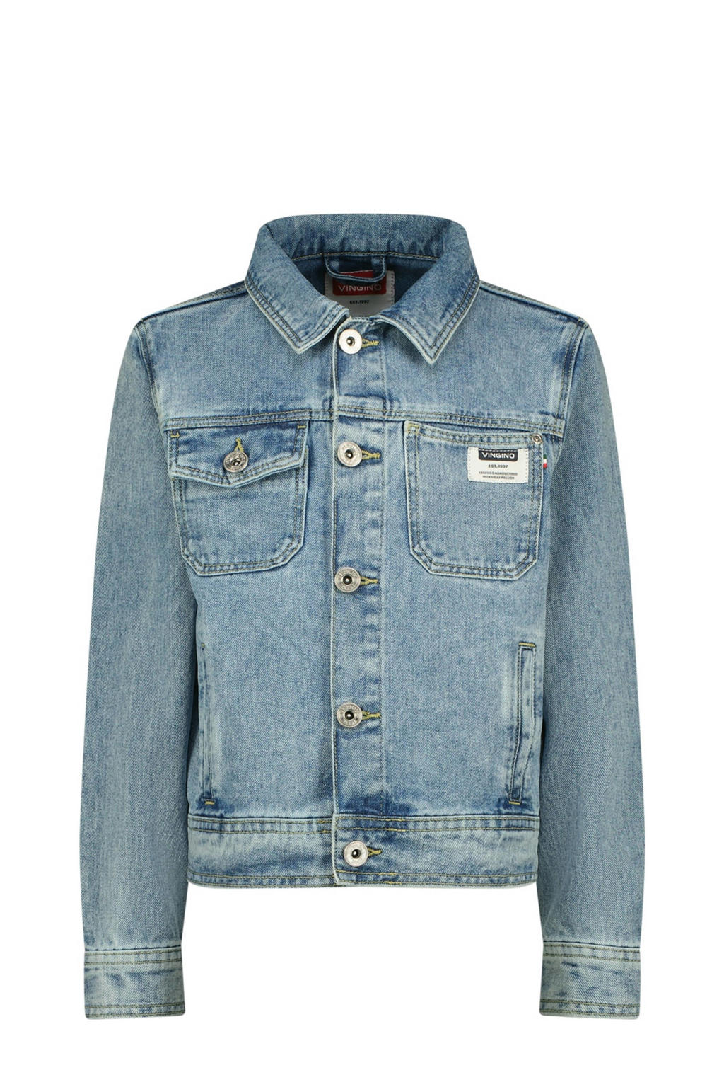 Light blue denim jongens Vingino spijkerjas van denim met effen, lange mouwen, klassieke kraag en knoopsluiting