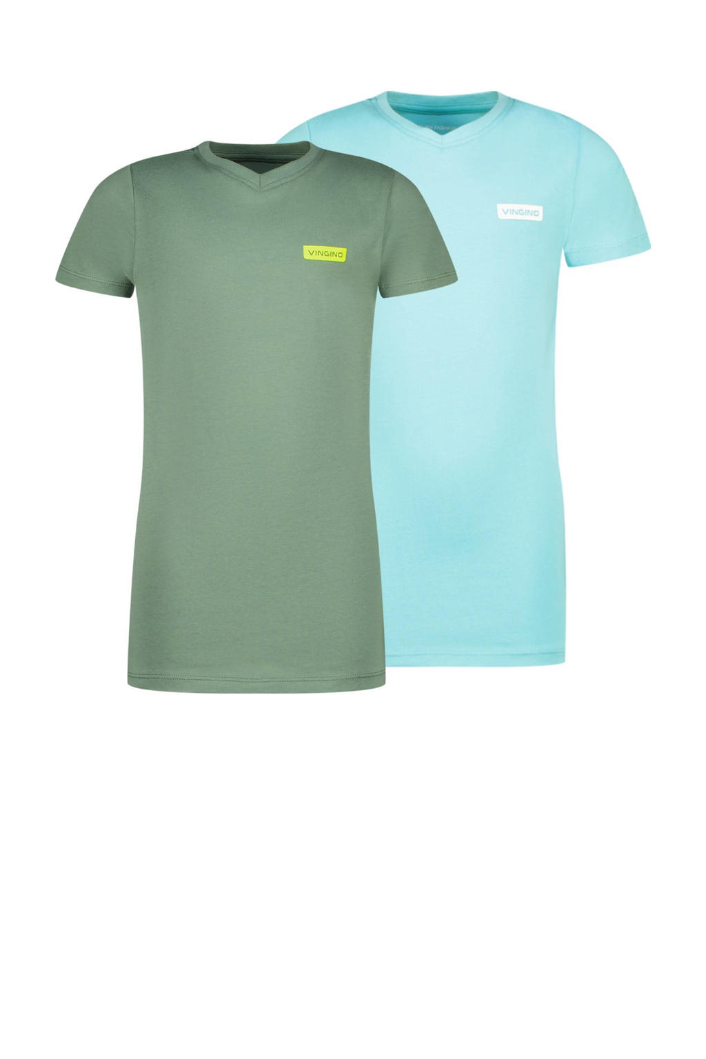 Set van 2 groene jongens Vingino T-shirt zacht aquablauw van katoen met effen, korte mouwen en V-hals