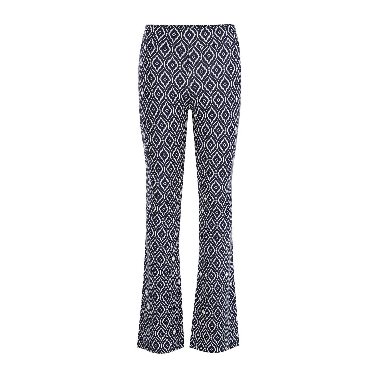 WE Fashion flared broek met all over print donkerblauw Meisjes Viscose 104