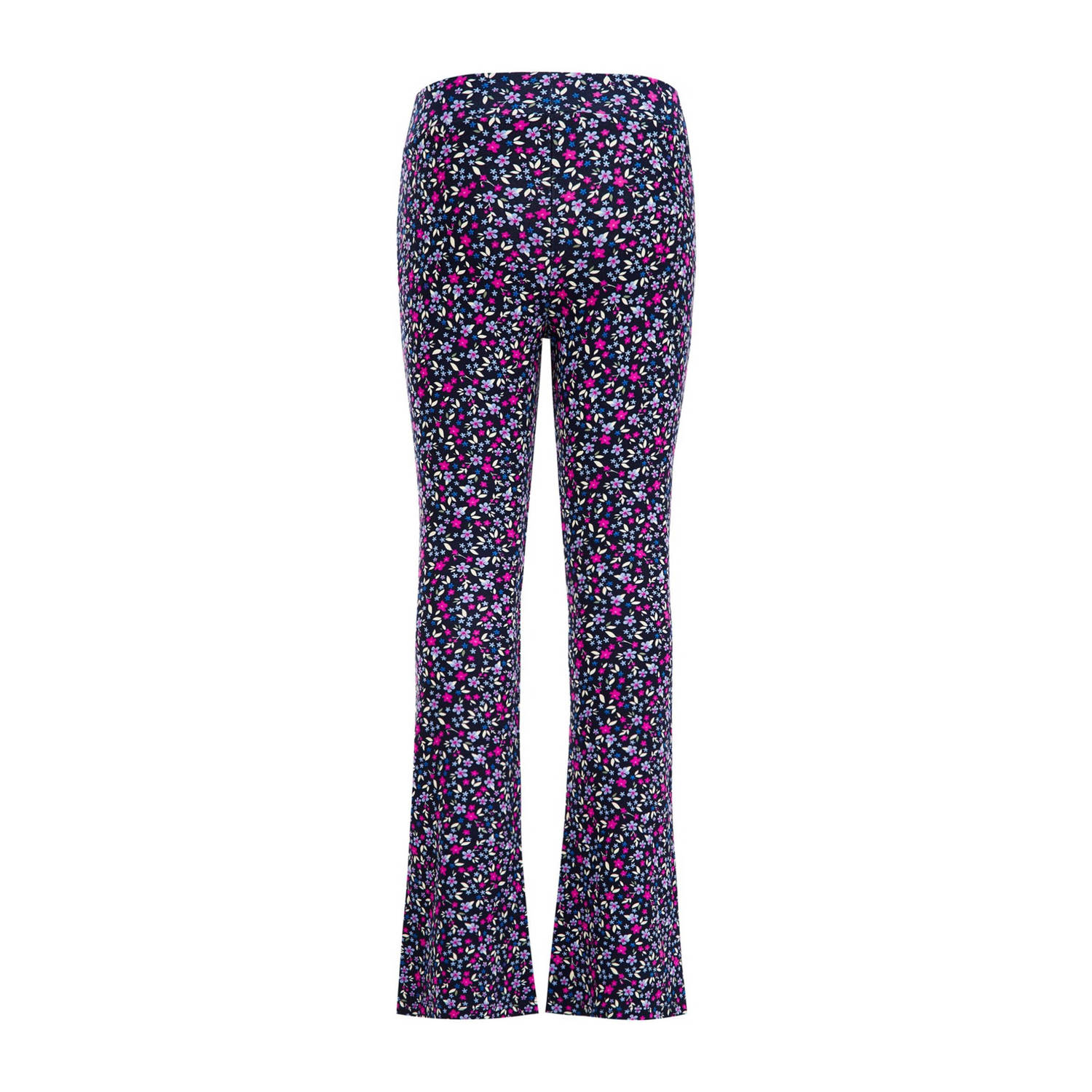 WE Fashion flared broek met all over print donkerblauw roze paars