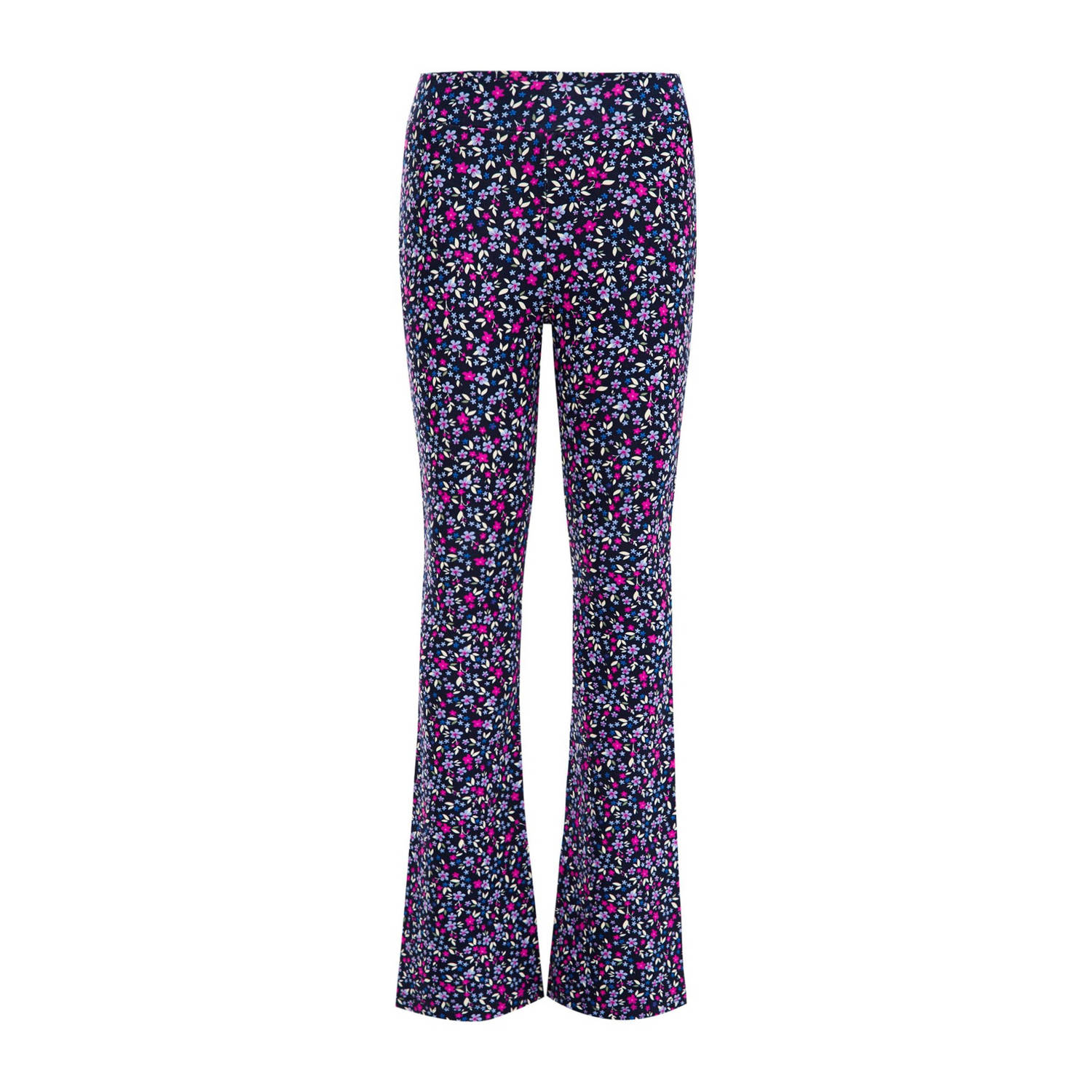 WE Fashion flared broek met all over print donkerblauw roze paars Meisjes Viscose 110