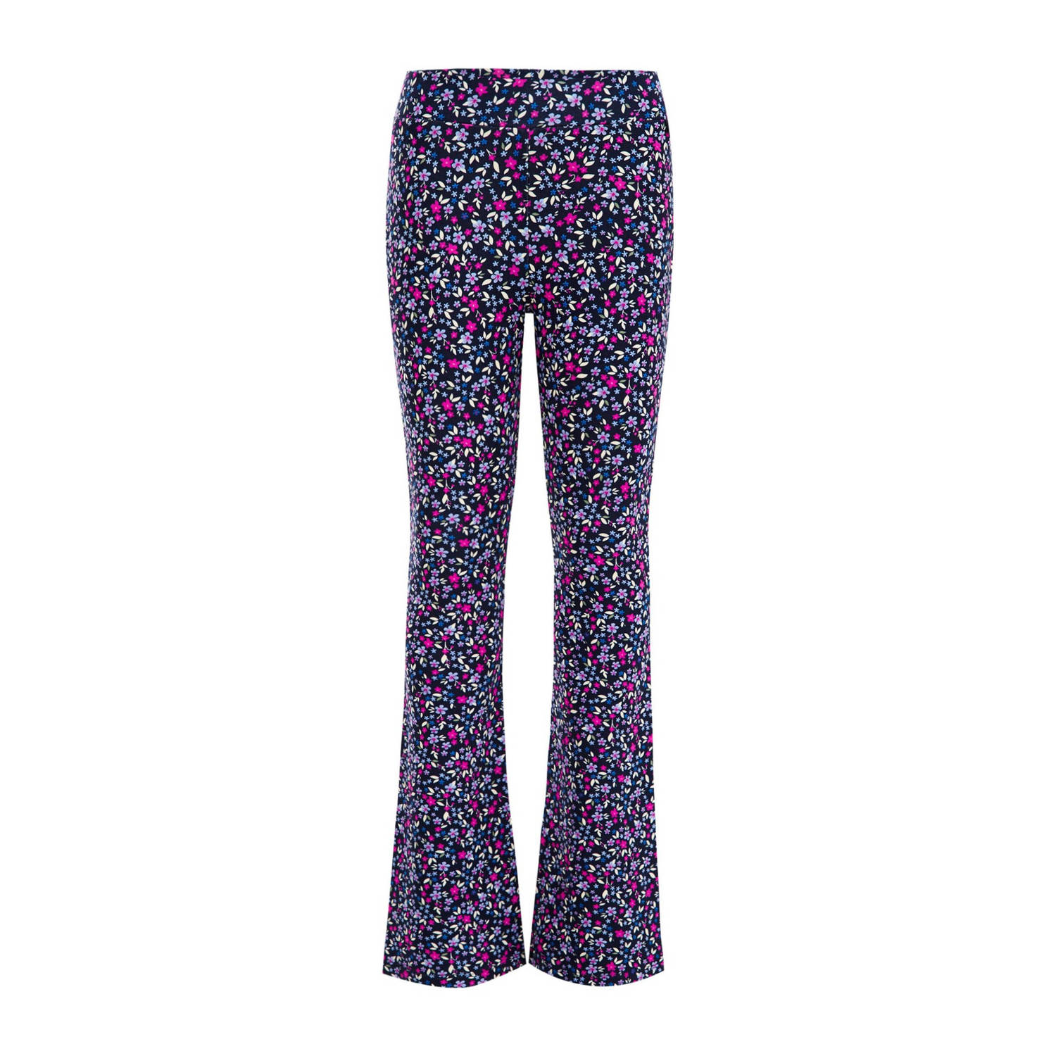WE Fashion flared broek met all over print donkerblauw roze paars