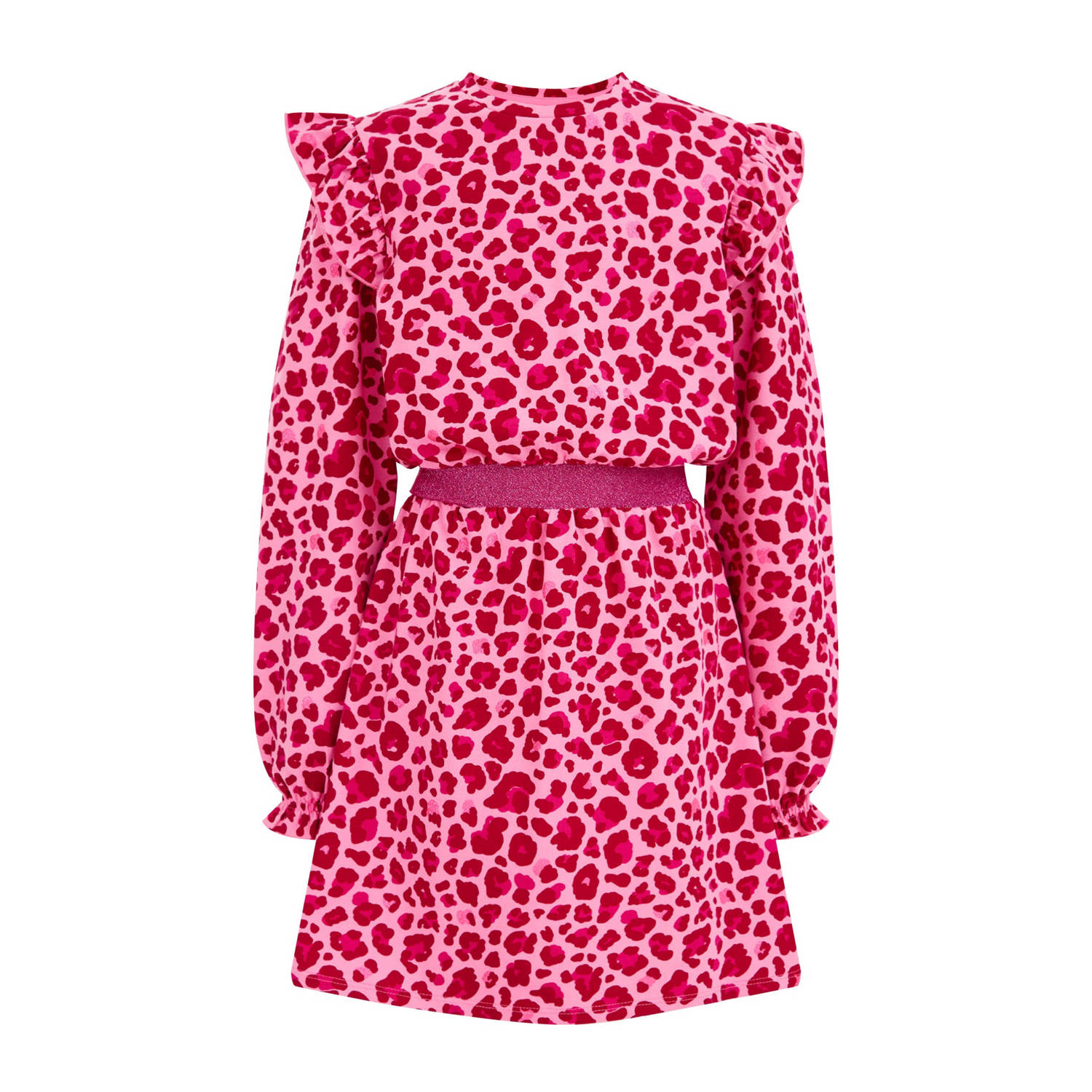 WE Fashion jurk met dierenprint en ruches roze Meisjes Stretchkatoen Ronde hals 122 128
