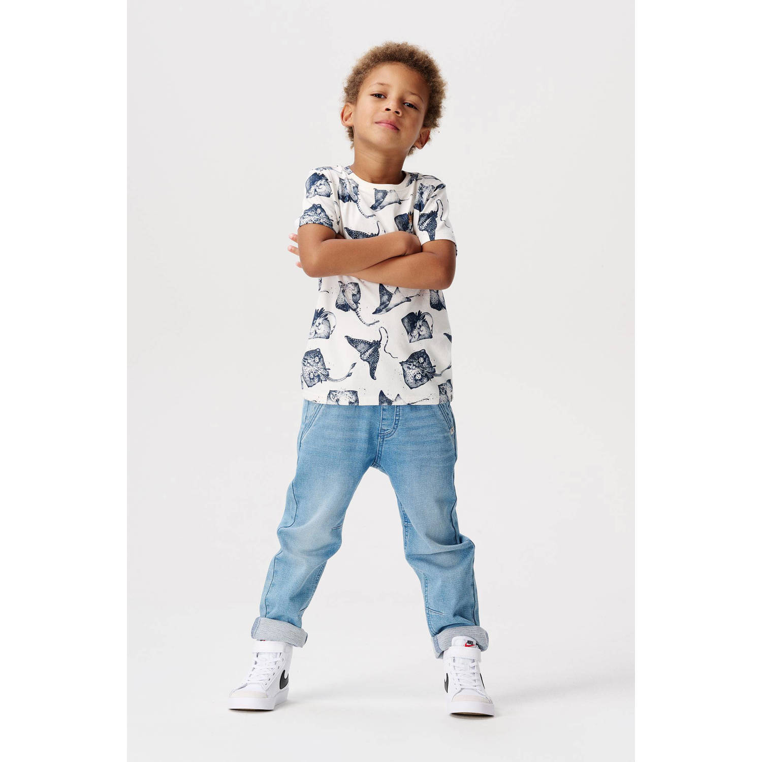 Noppies T-shirt met all over print wit blauw