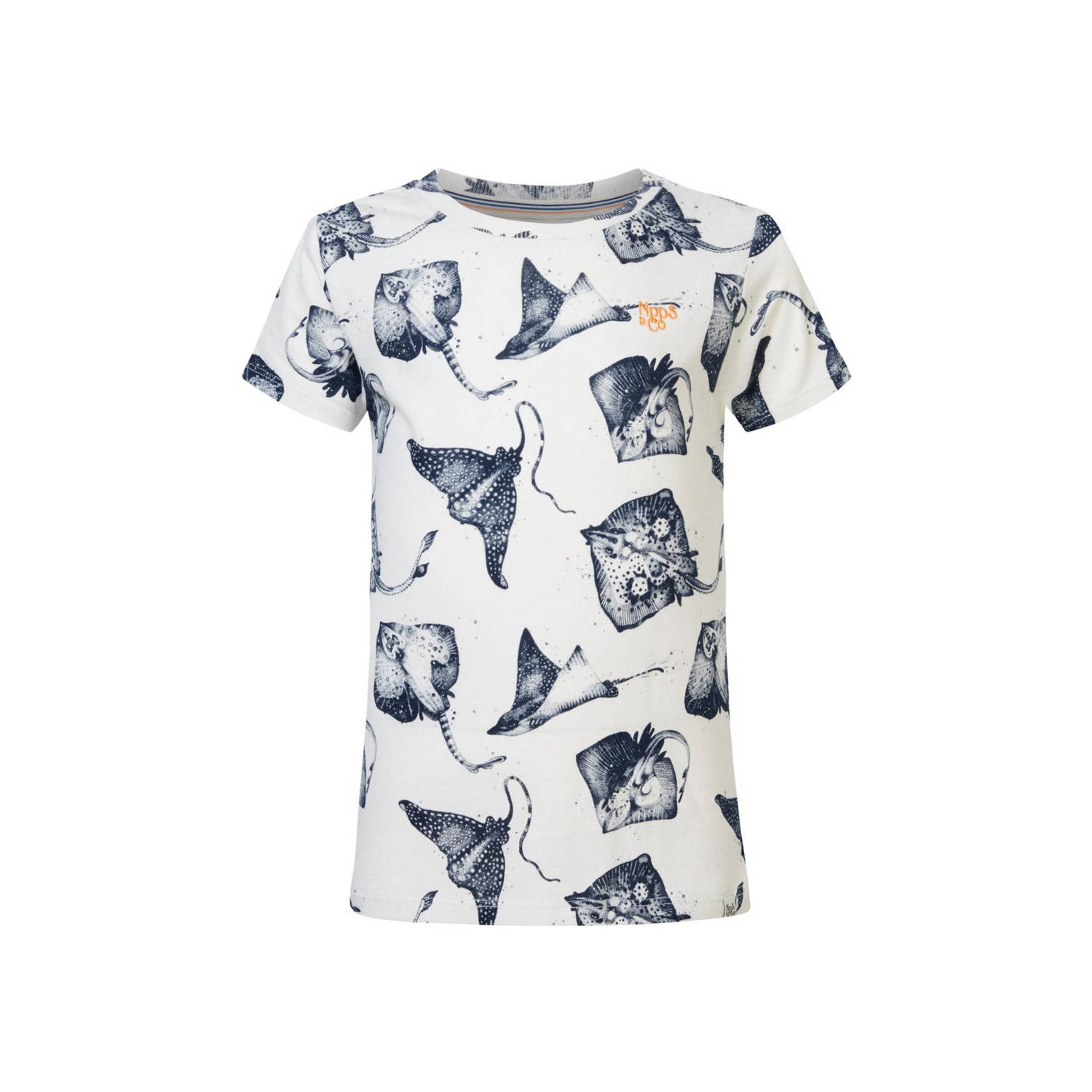 Noppies T-shirt met all over print wit blauw Jongens Katoen Ronde hals 104