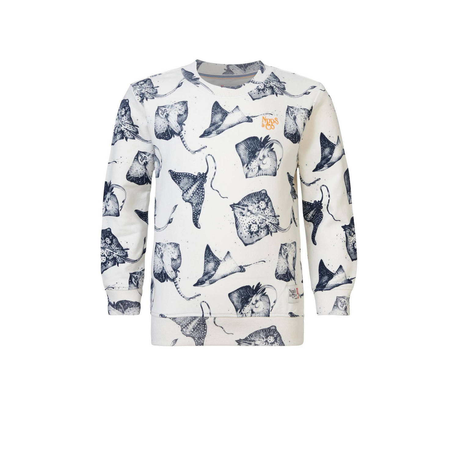 Noppies sweater met all over print wit blauw Jongens Stretchkatoen Ronde hals 104