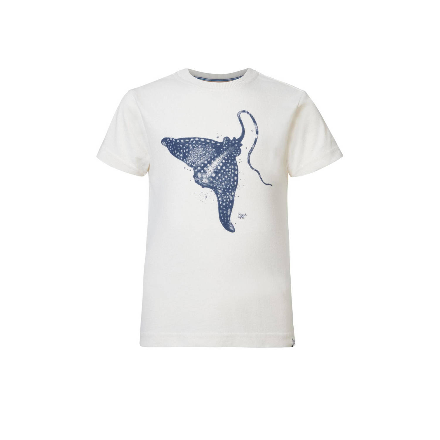 Noppies T-shirt met printopdruk wit blauw Jongens Katoen Ronde hals Printopdruk 104