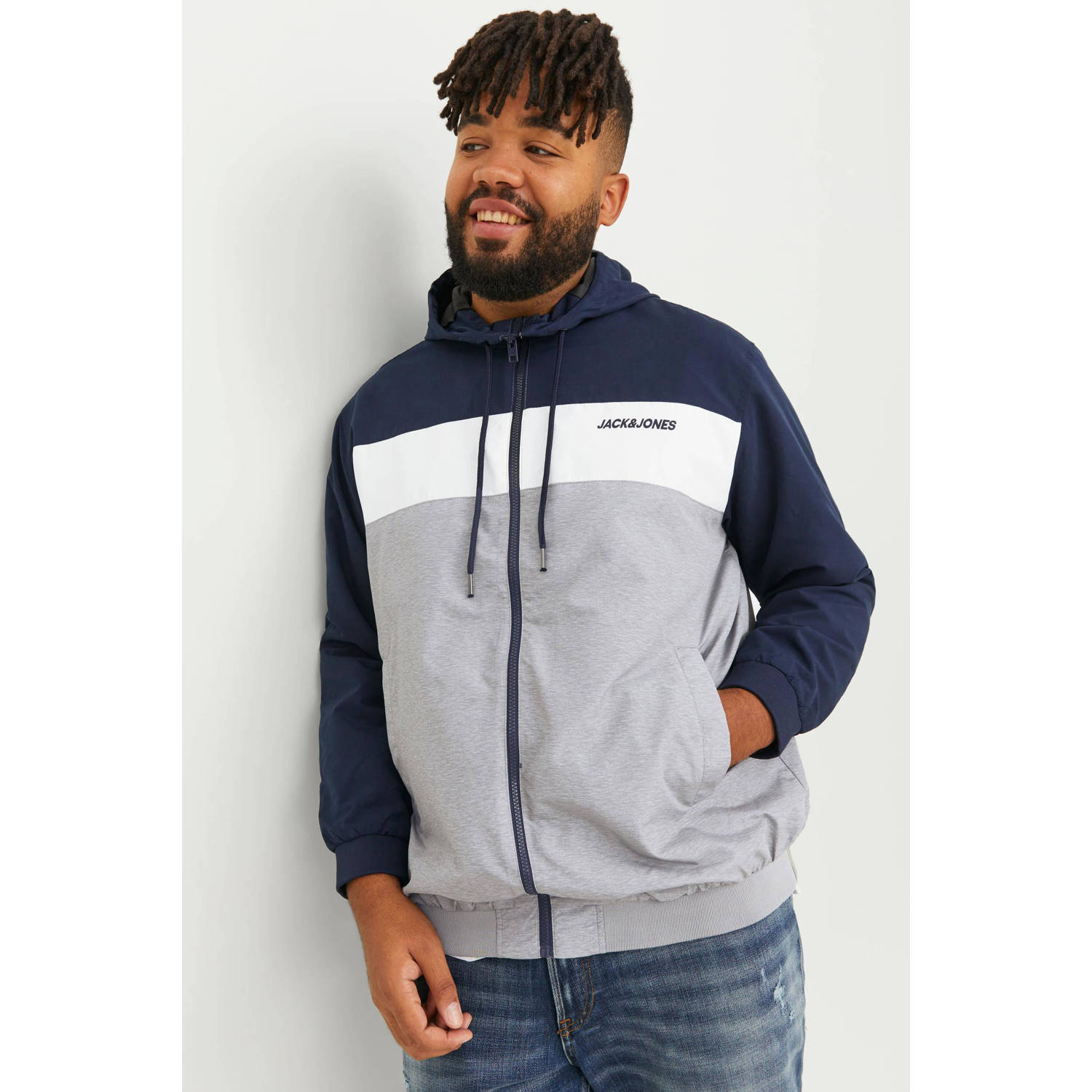 JACK & JONES PLUS SIZE bomberjack Plus Size met logo blauw wit grijs