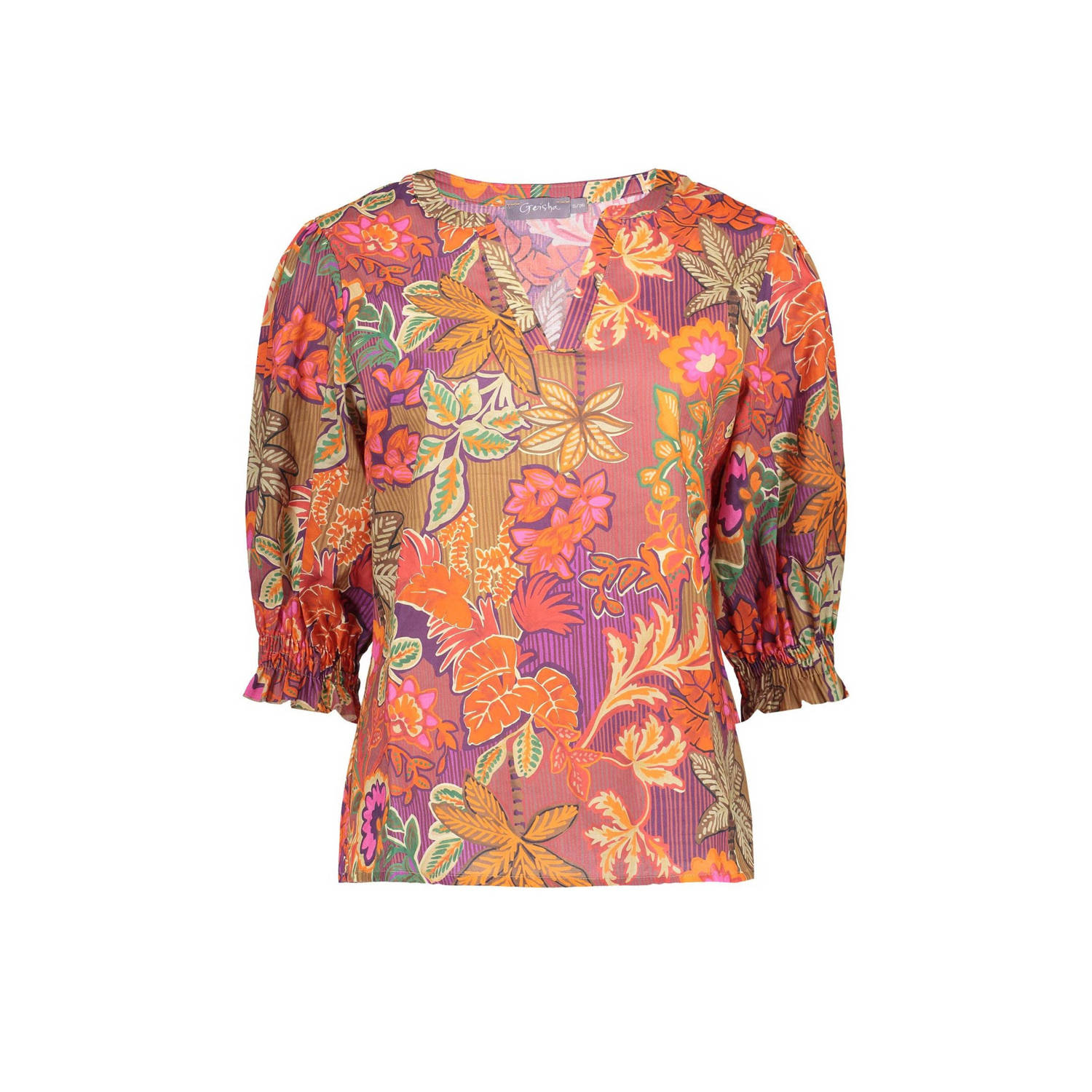 Geisha top met bladprint oranje paars