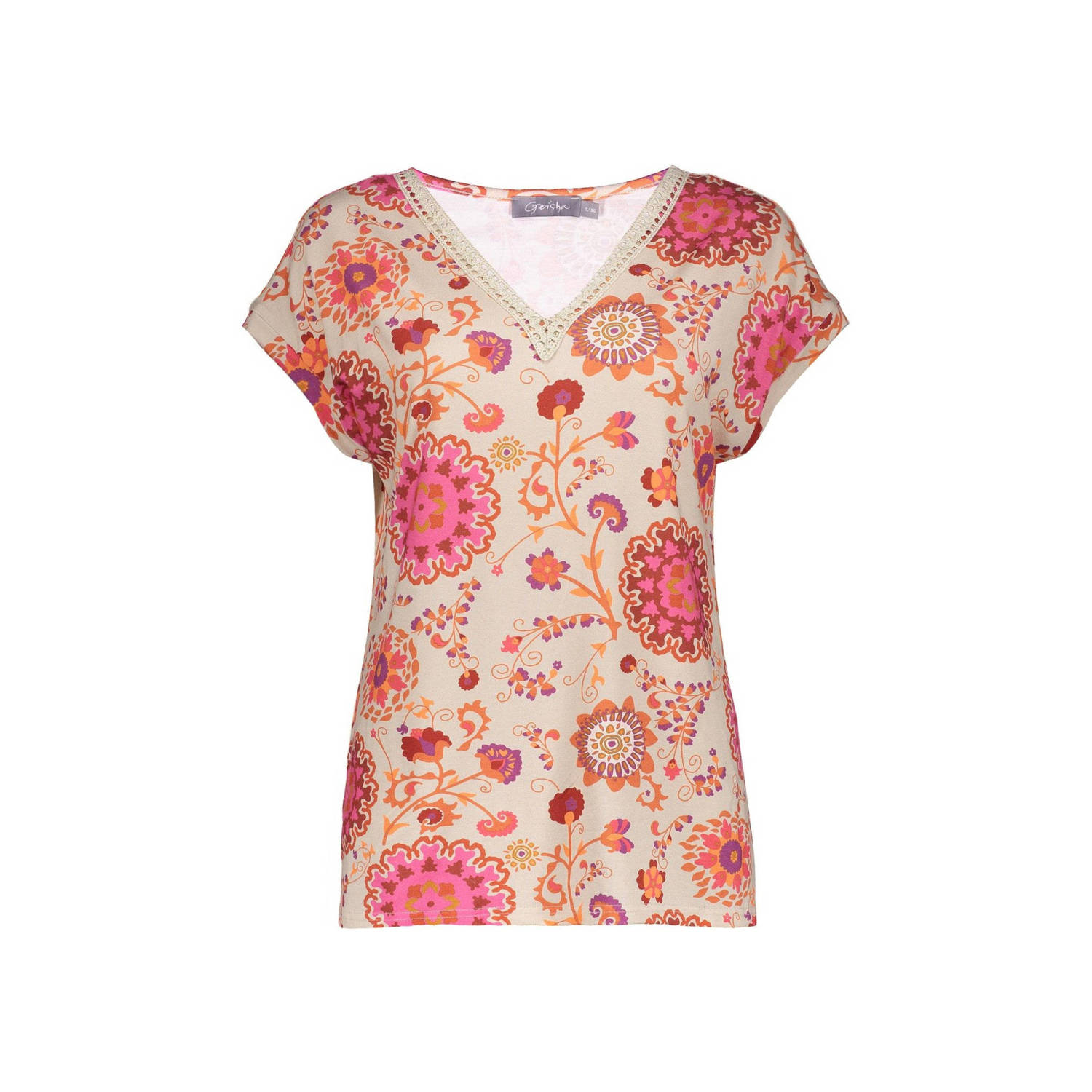 Geisha T-shirt met all over print roze ecru