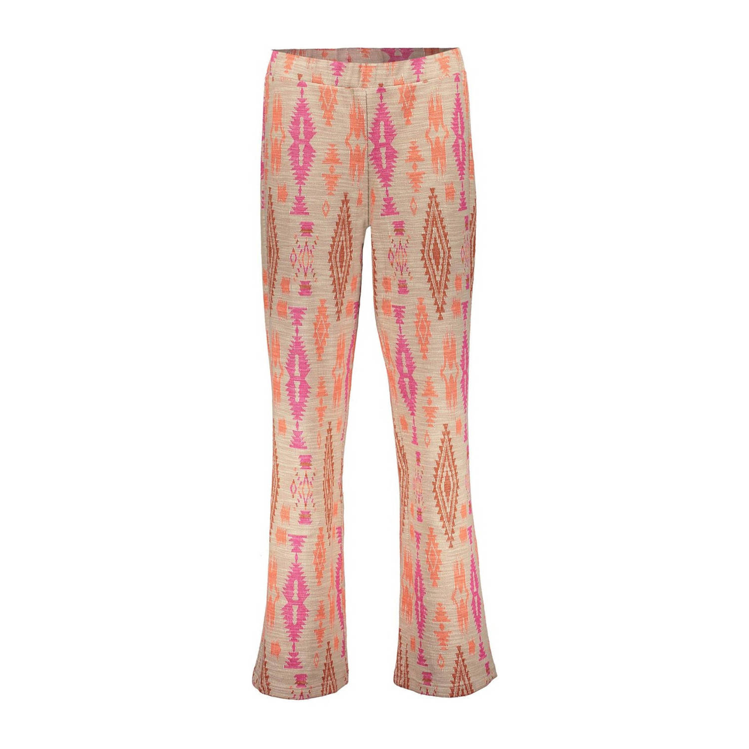 Geisha flared broek met all over print ecru roze oranje