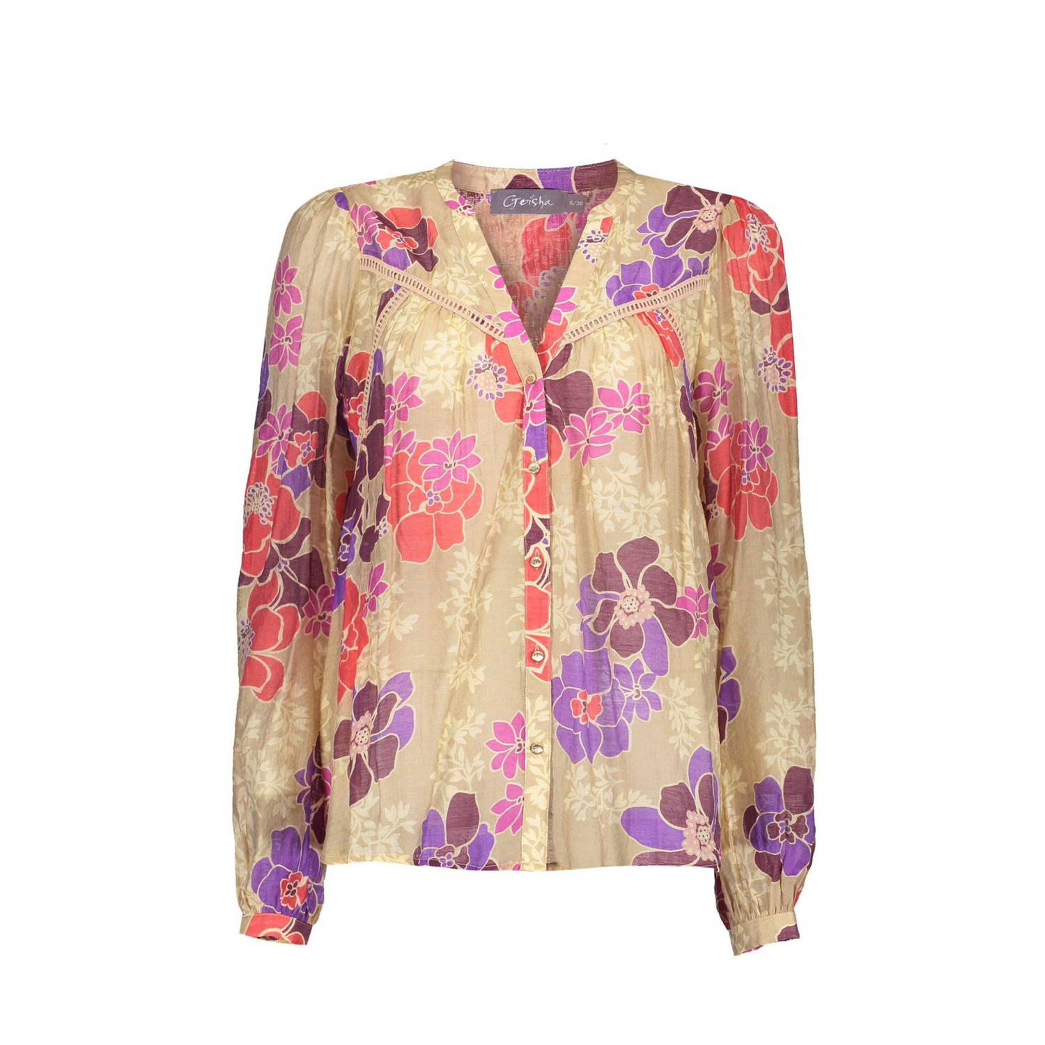 Geisha gebloemde blouse beige paars koraal