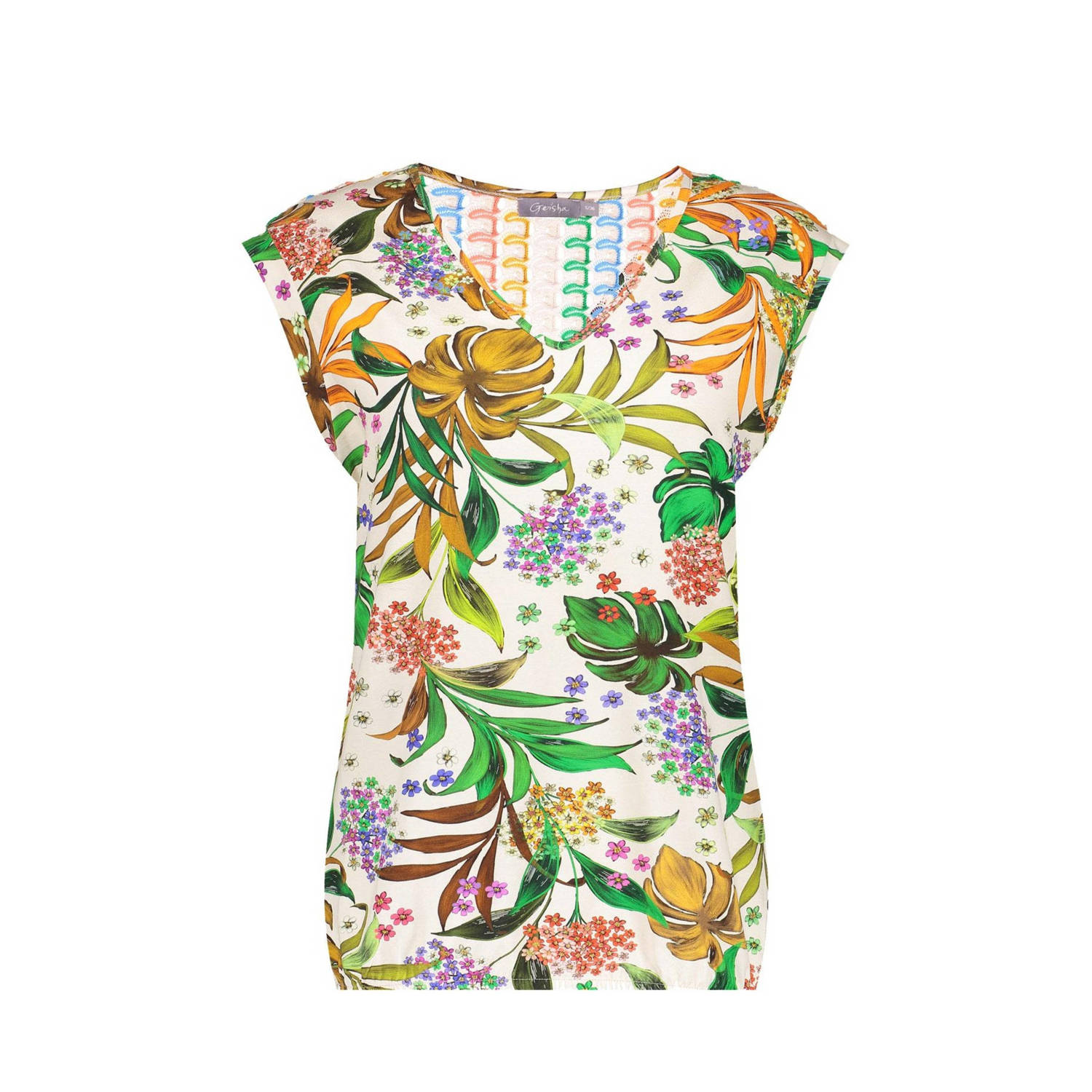 Geisha top met all over print groen ecru