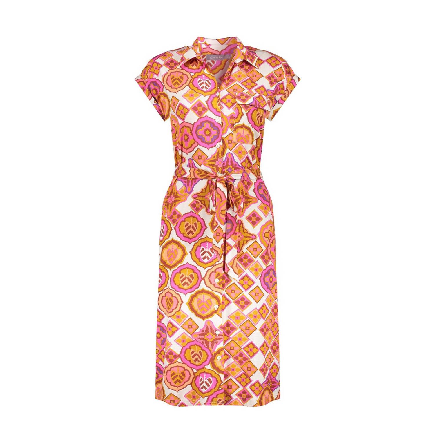 Geisha blousejurk met all over print en ceintuur fuchsia oranje ecru