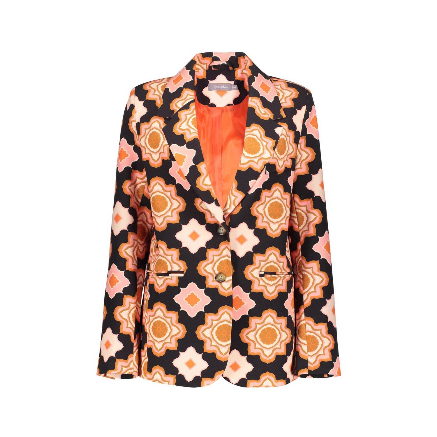 Geisha rechtvallende blazer met all over print oranje