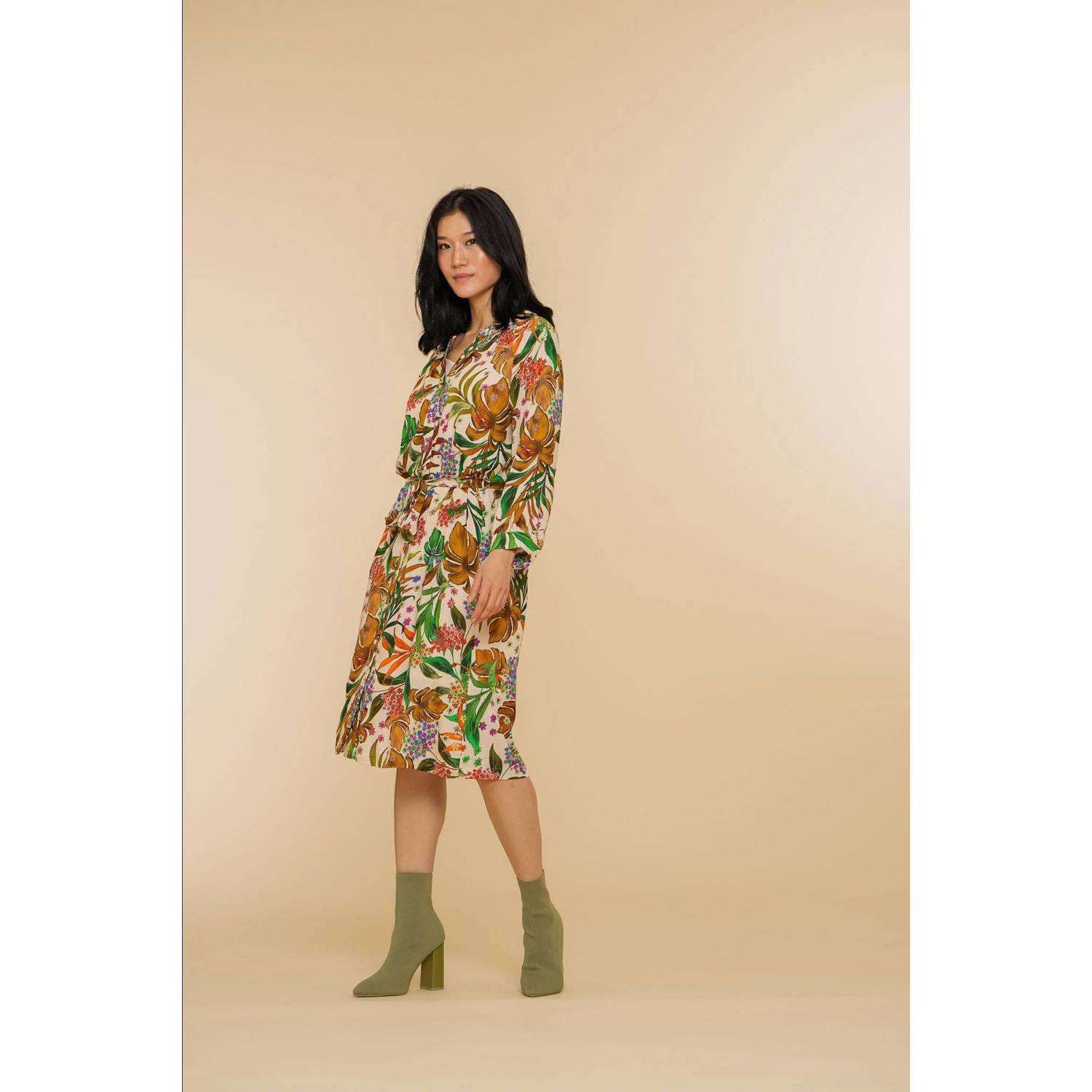 Geisha blousejurk met all over print groen ecru oranje