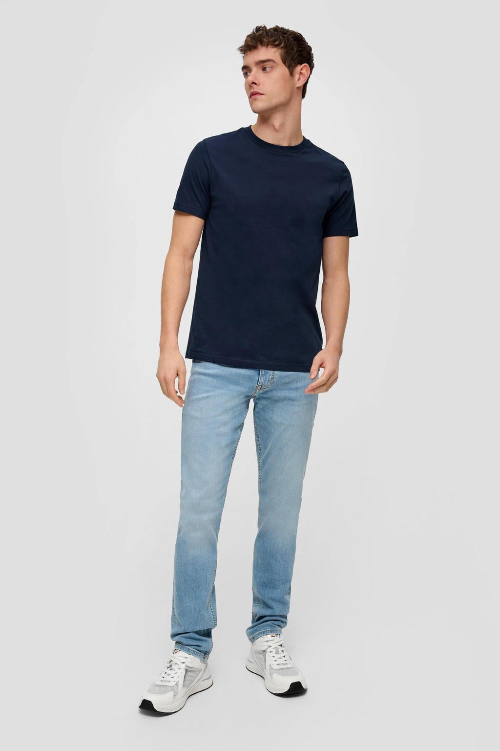 Marineblauw heren QS regular fit T-shirt blauw van katoen met effen, korte mouwen en ronde hals