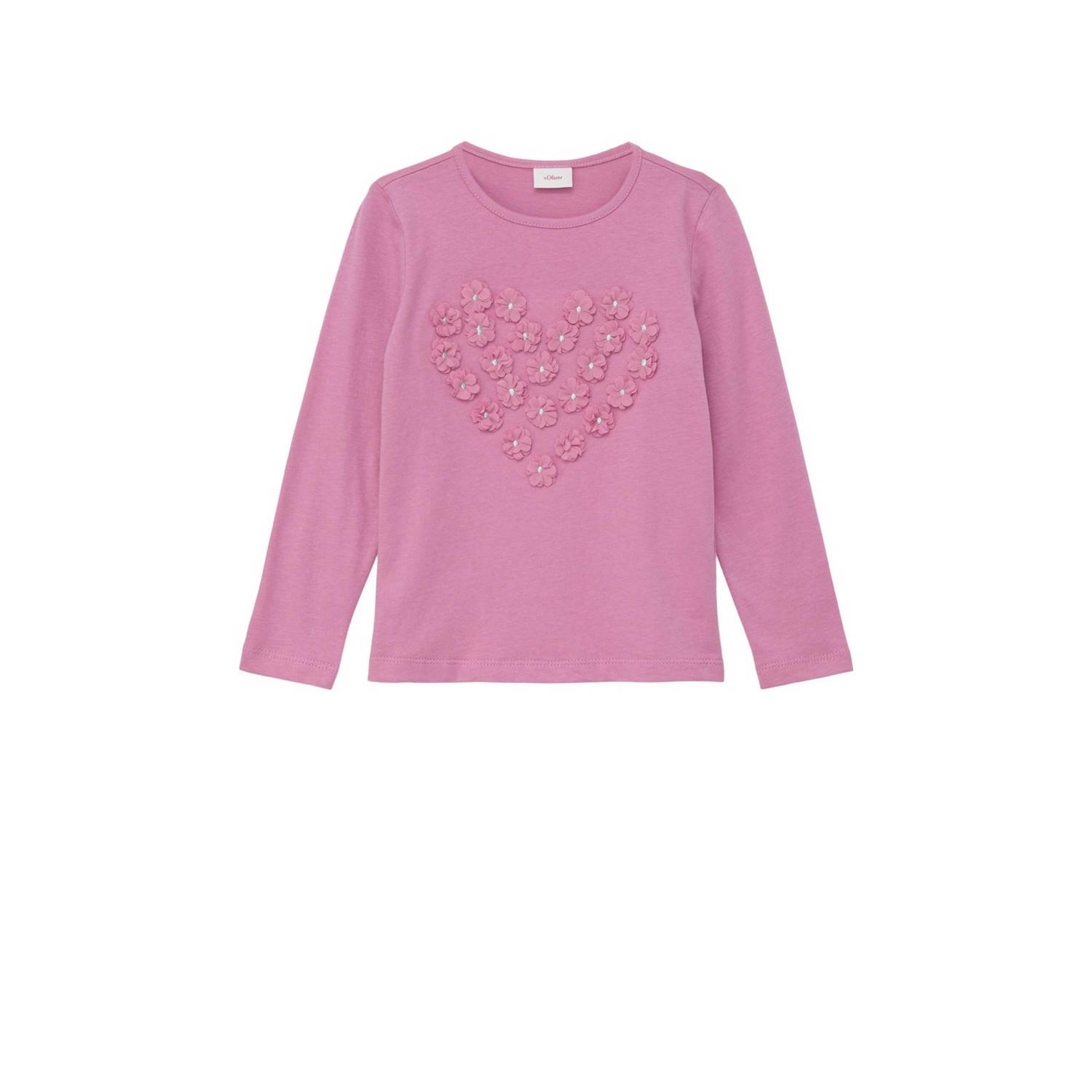 S.Oliver longsleeve met 3D applicatie roze Meisjes Katoen Ronde hals Effen 104 110