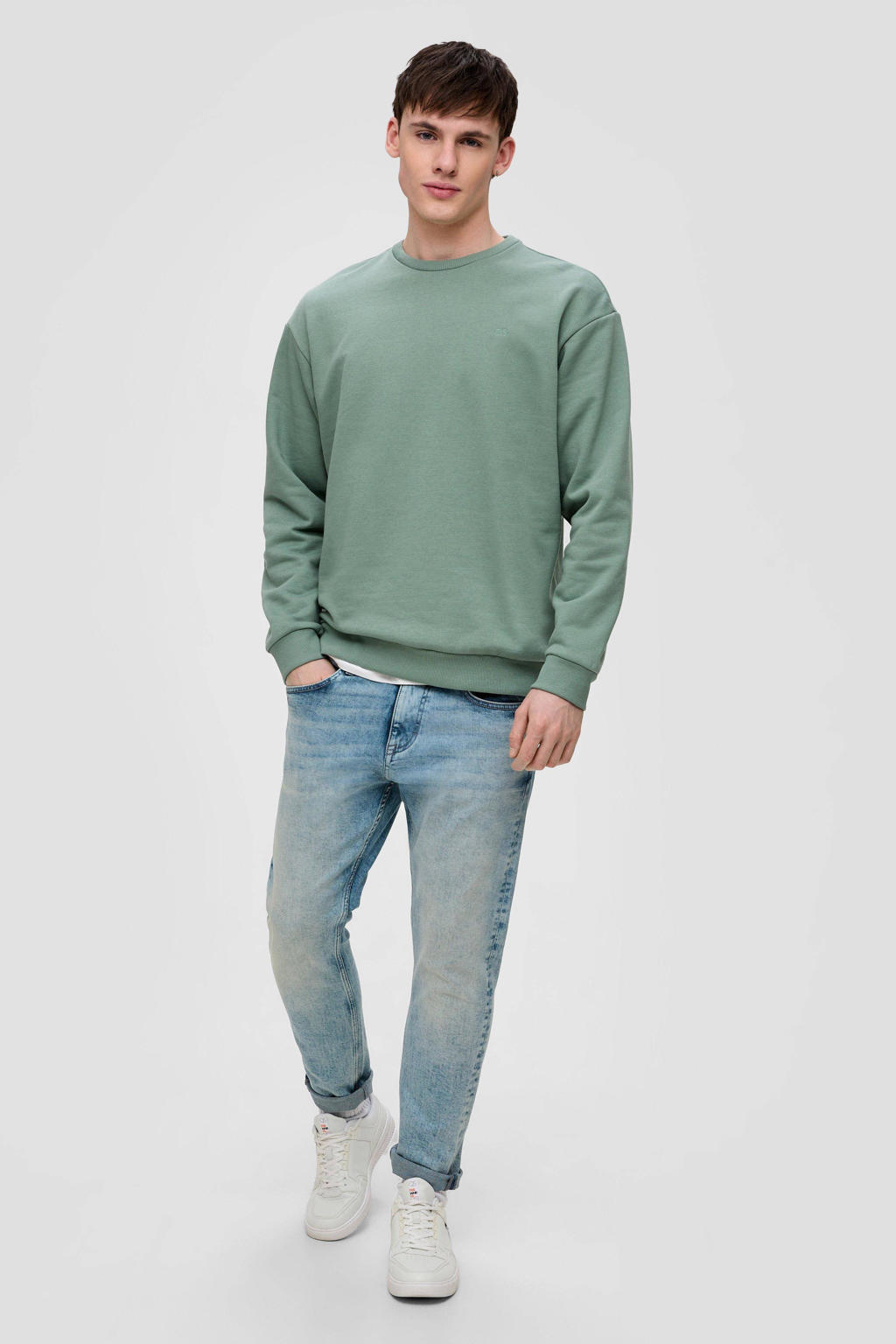 Groene heren QS sweater met effen, lange mouwen en ronde hals