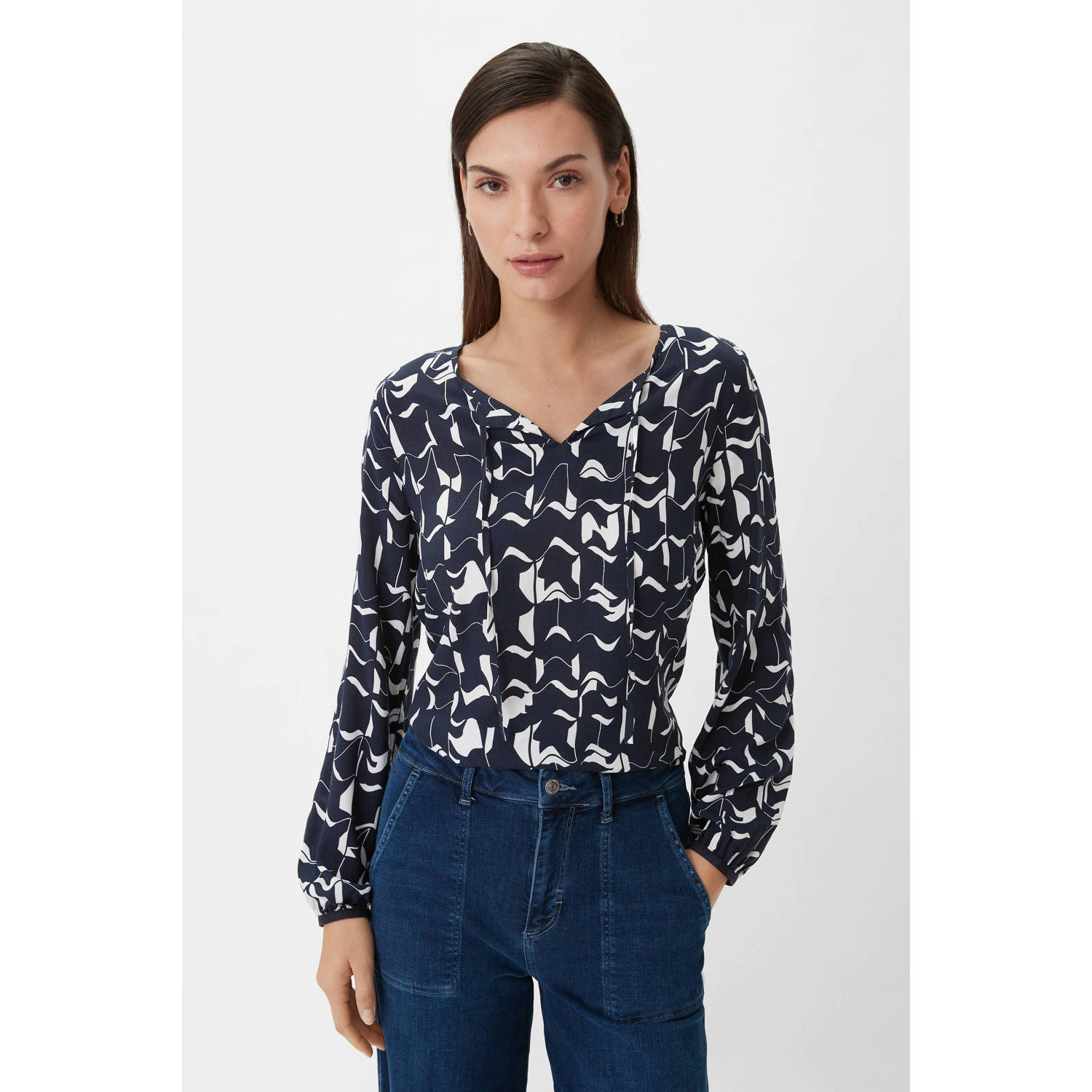 Comma casual identity blousetop met all over print zwart wit