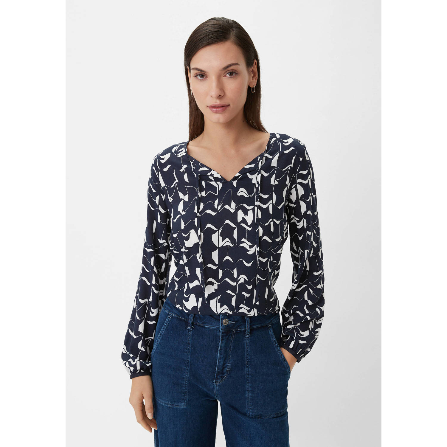 comma casual identity blousetop met all over print zwart wit
