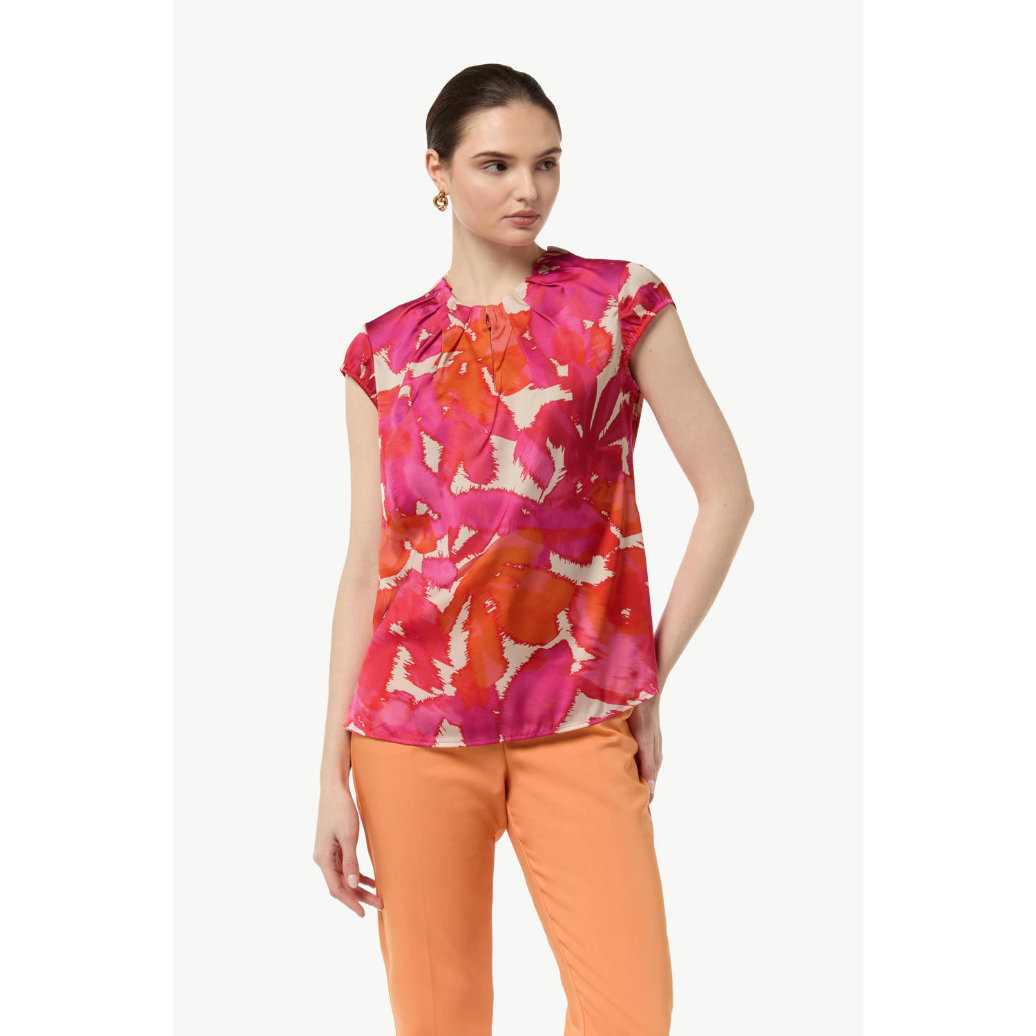 Comma blousetop met all over print roze oranje ecru