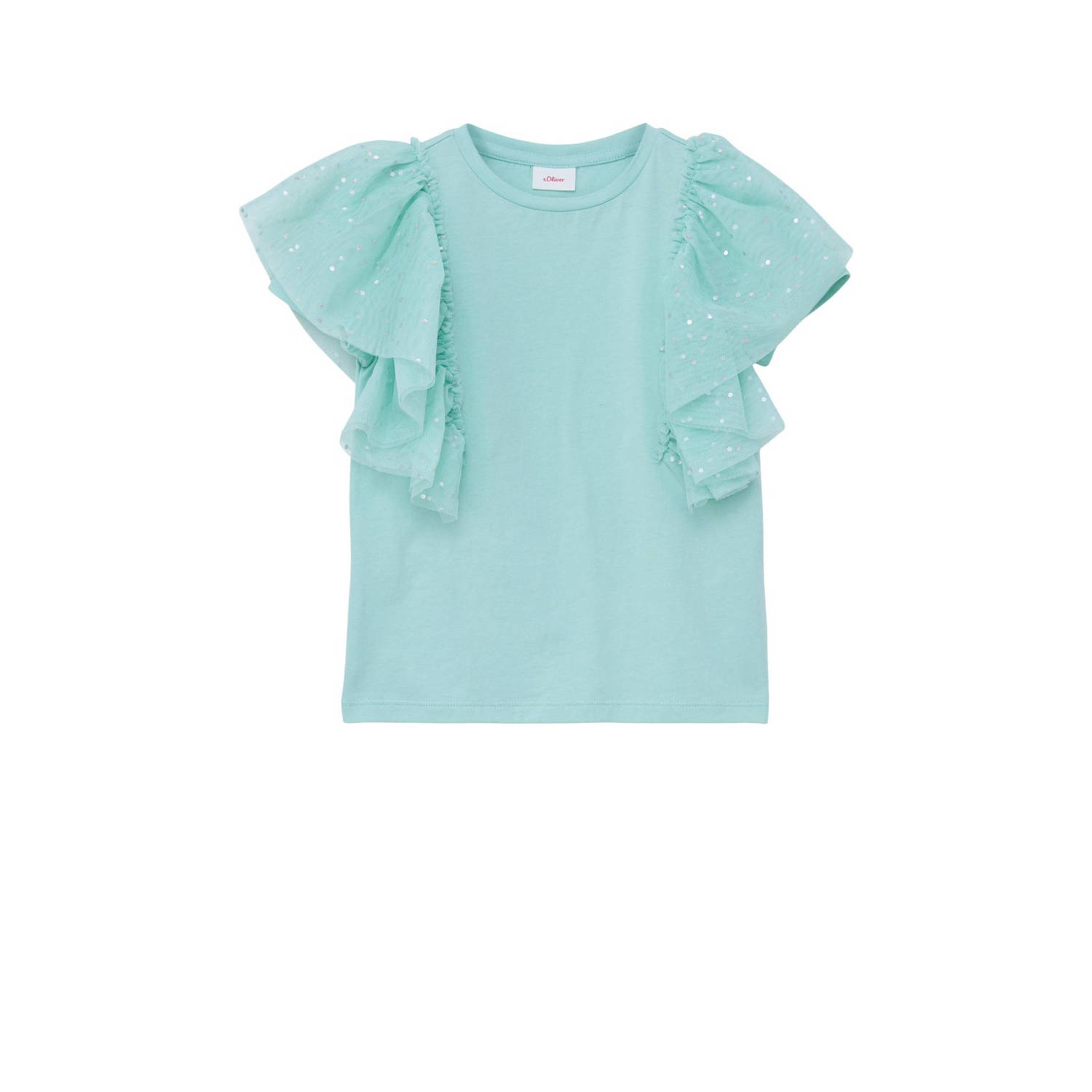 S.Oliver T-shirt met ruches turquoise Blauw Meisjes Katoen Ronde hals Effen 104 110