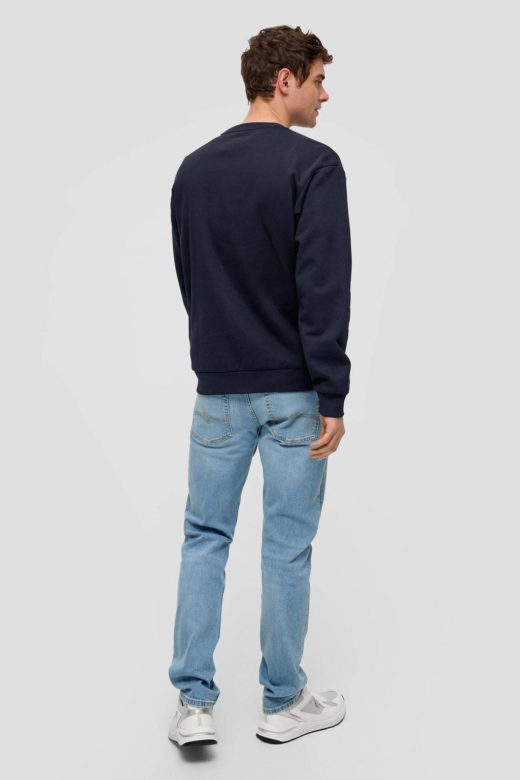 Donkerblauwe heren QS sweater met effen, lange mouwen en ronde hals