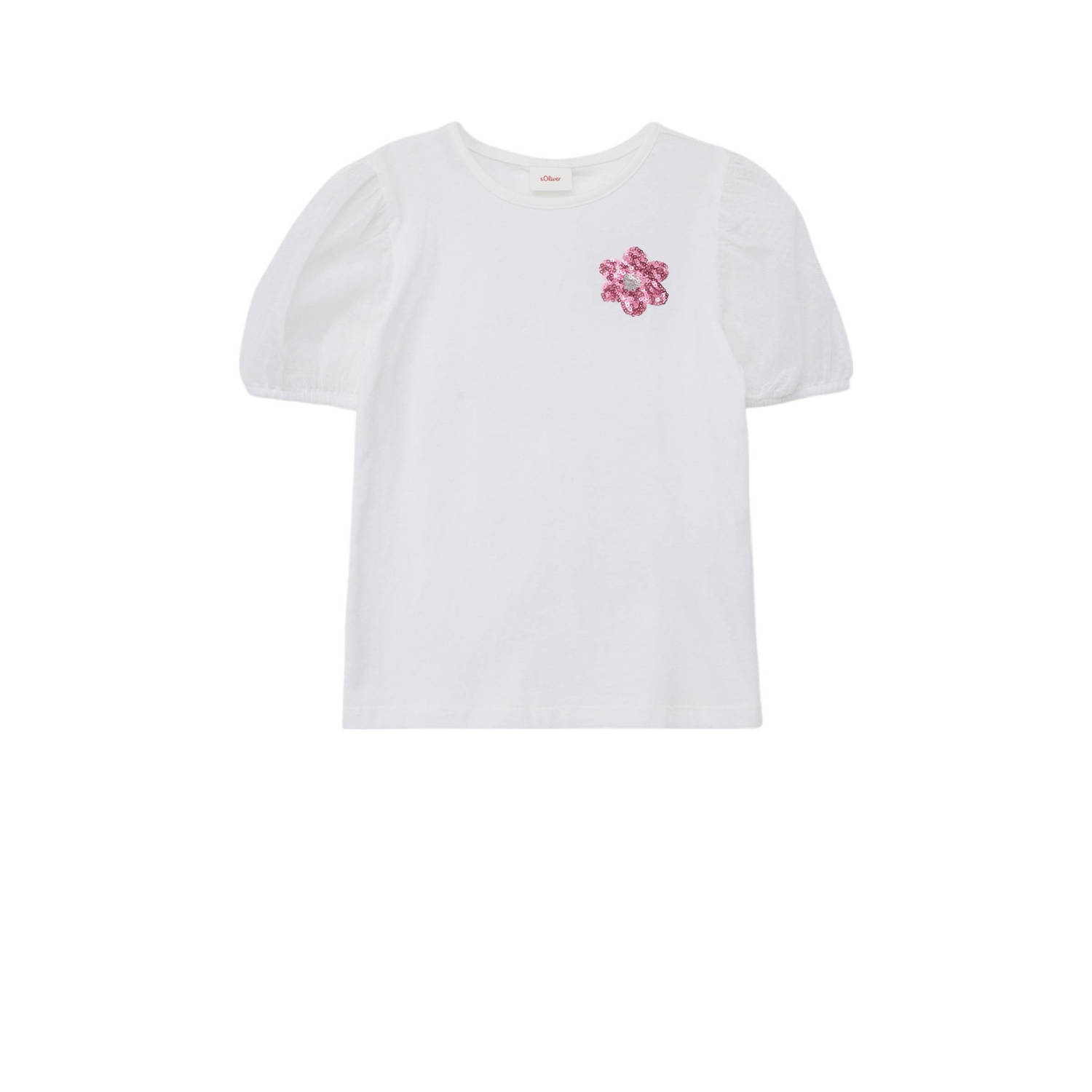 S.Oliver T-shirt met printopdruk en pailletten wit Meisjes Katoen Ronde hals 104 110