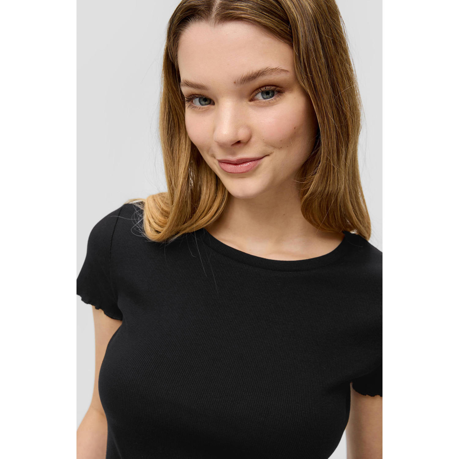 Q S by s.Oliver ribgebreid T-shirt zwart