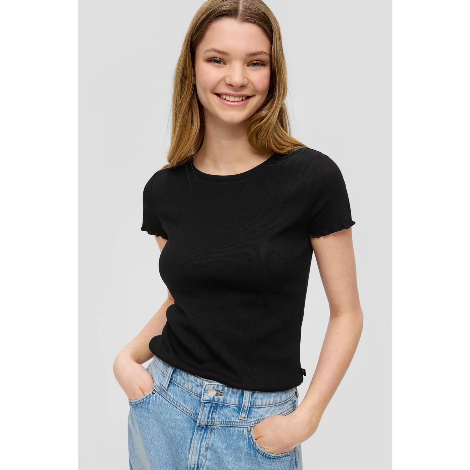 Q S by s.Oliver ribgebreid T-shirt zwart