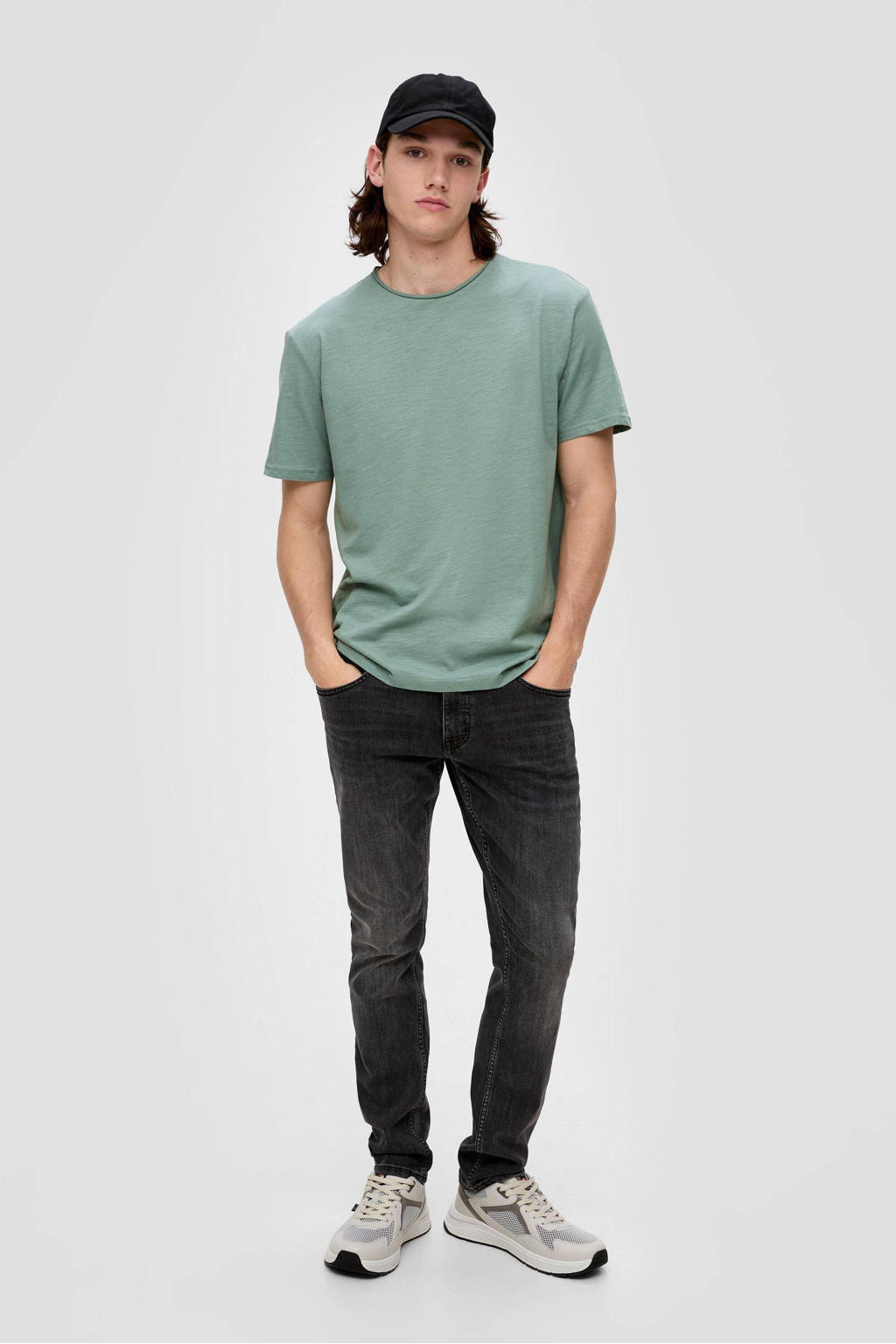 Groene heren QS regular fit T-shirt van katoen met effen, korte mouwen en ronde hals